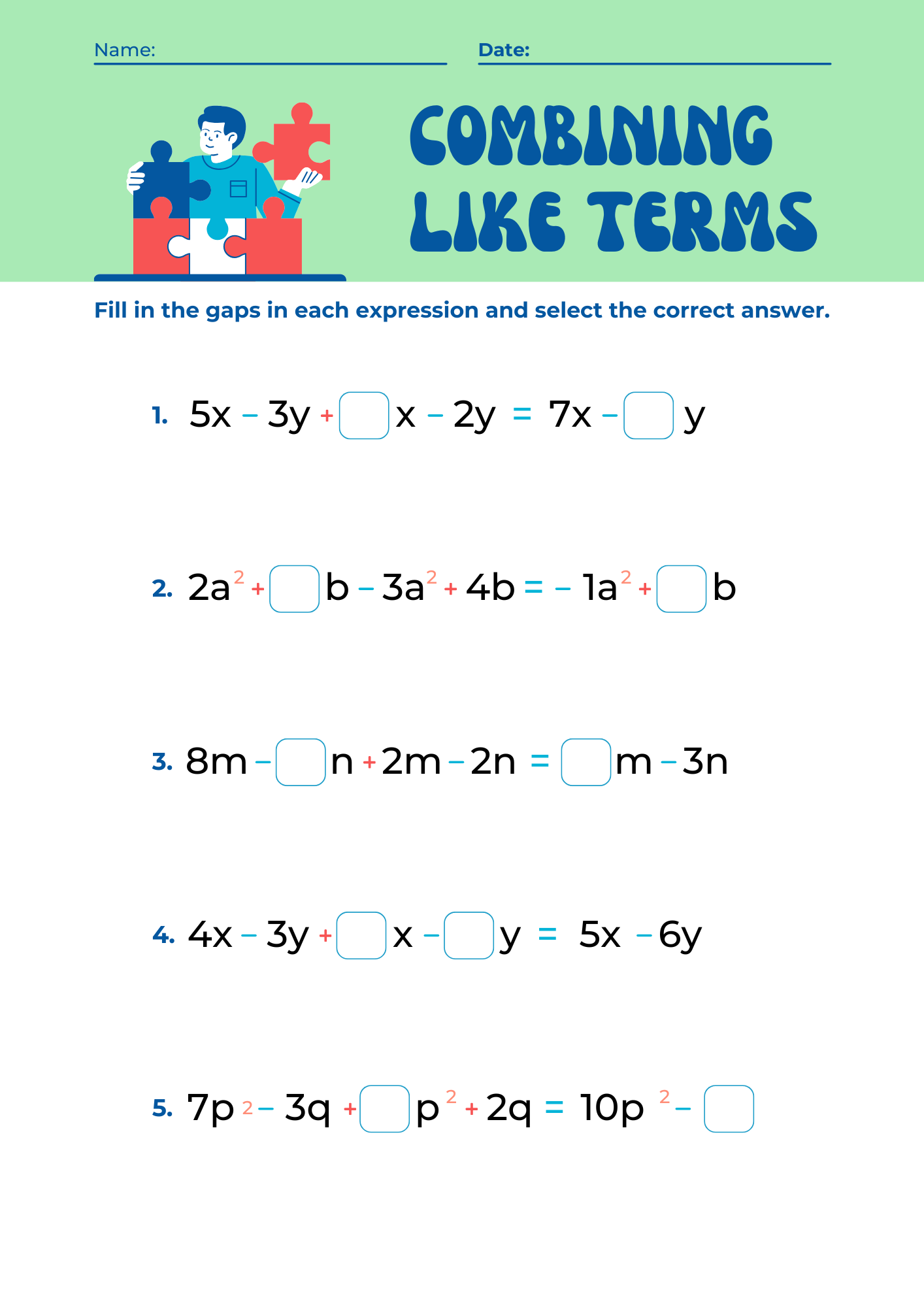 Algebra Combining Like Terms Worksheet