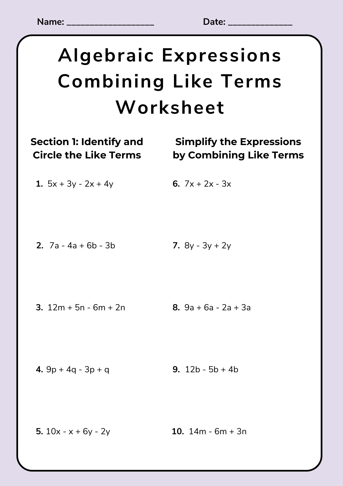 Algebraic Expressions Combining Like Terms Worksheet