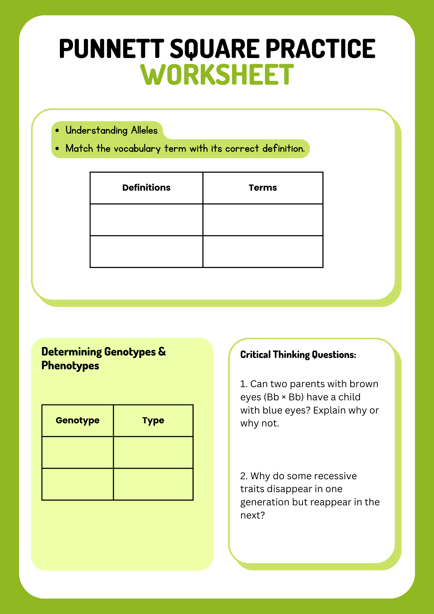 Allele Punnett Square Practice Worksheet