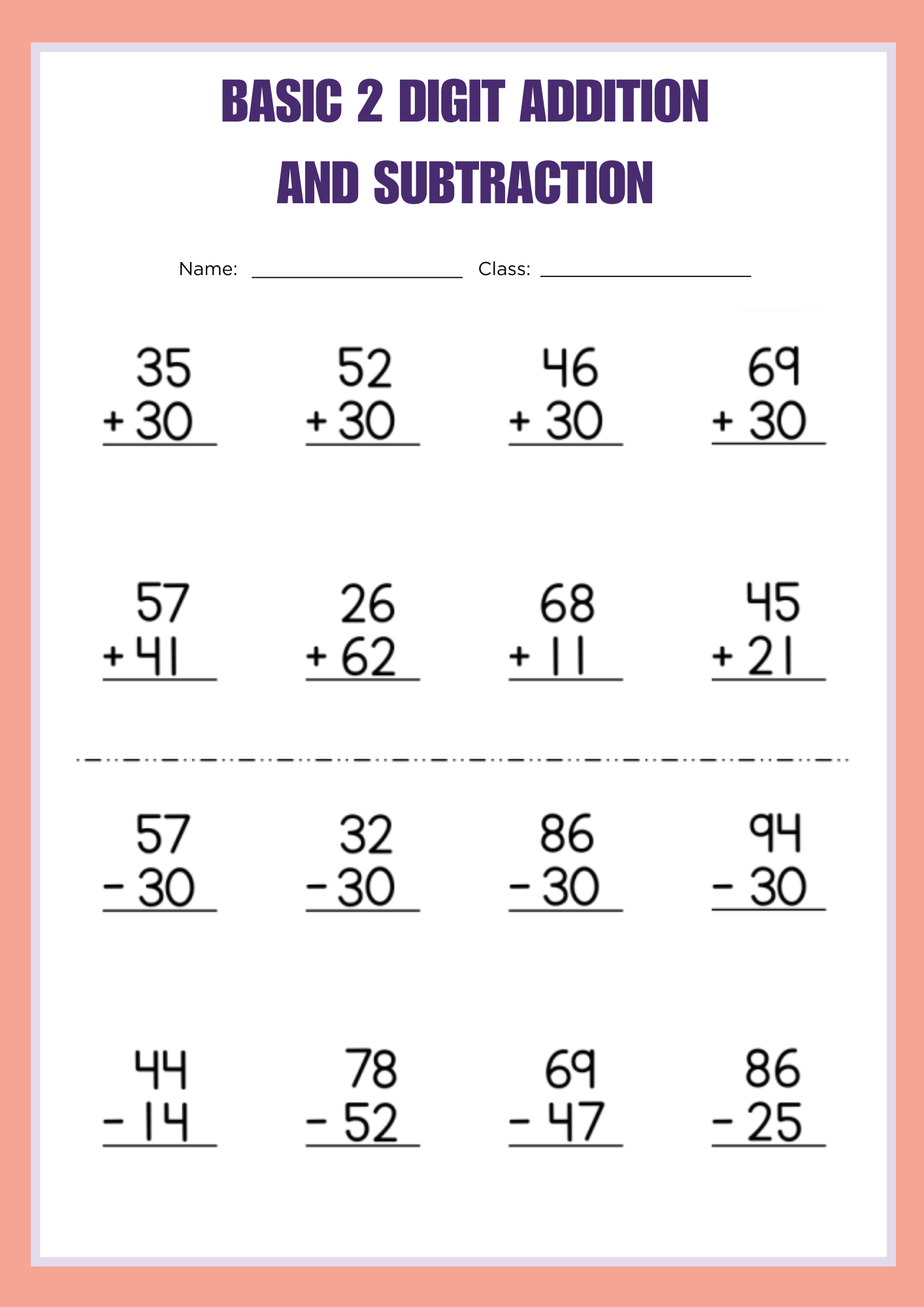 Basic 2 Digit Addition and Subtraction Worksheet