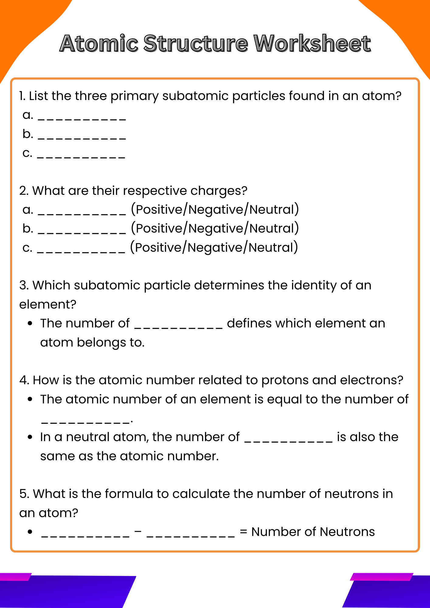 Basic Atomic Structure Worksheet