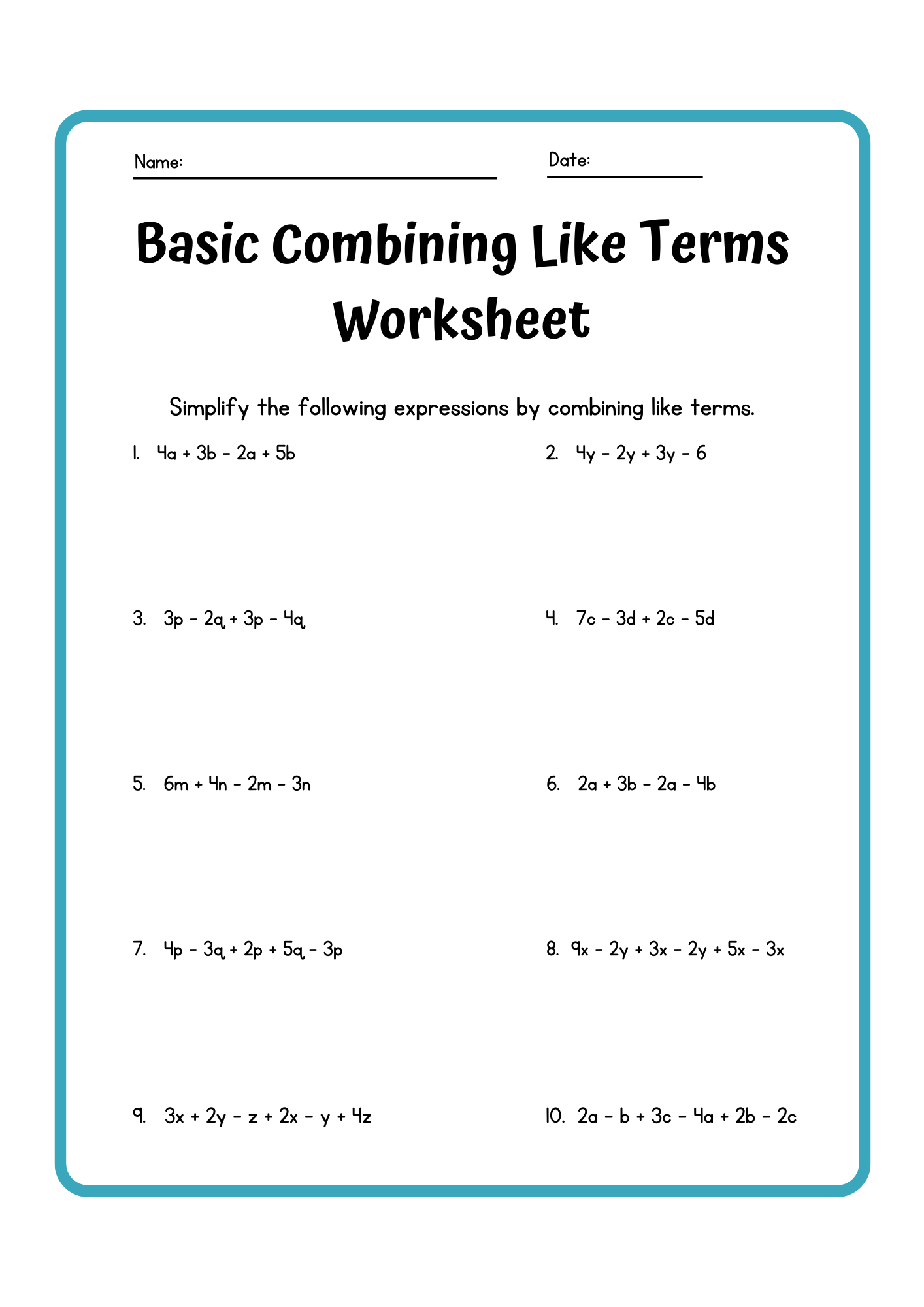 Basic Combining Like Terms Worksheet