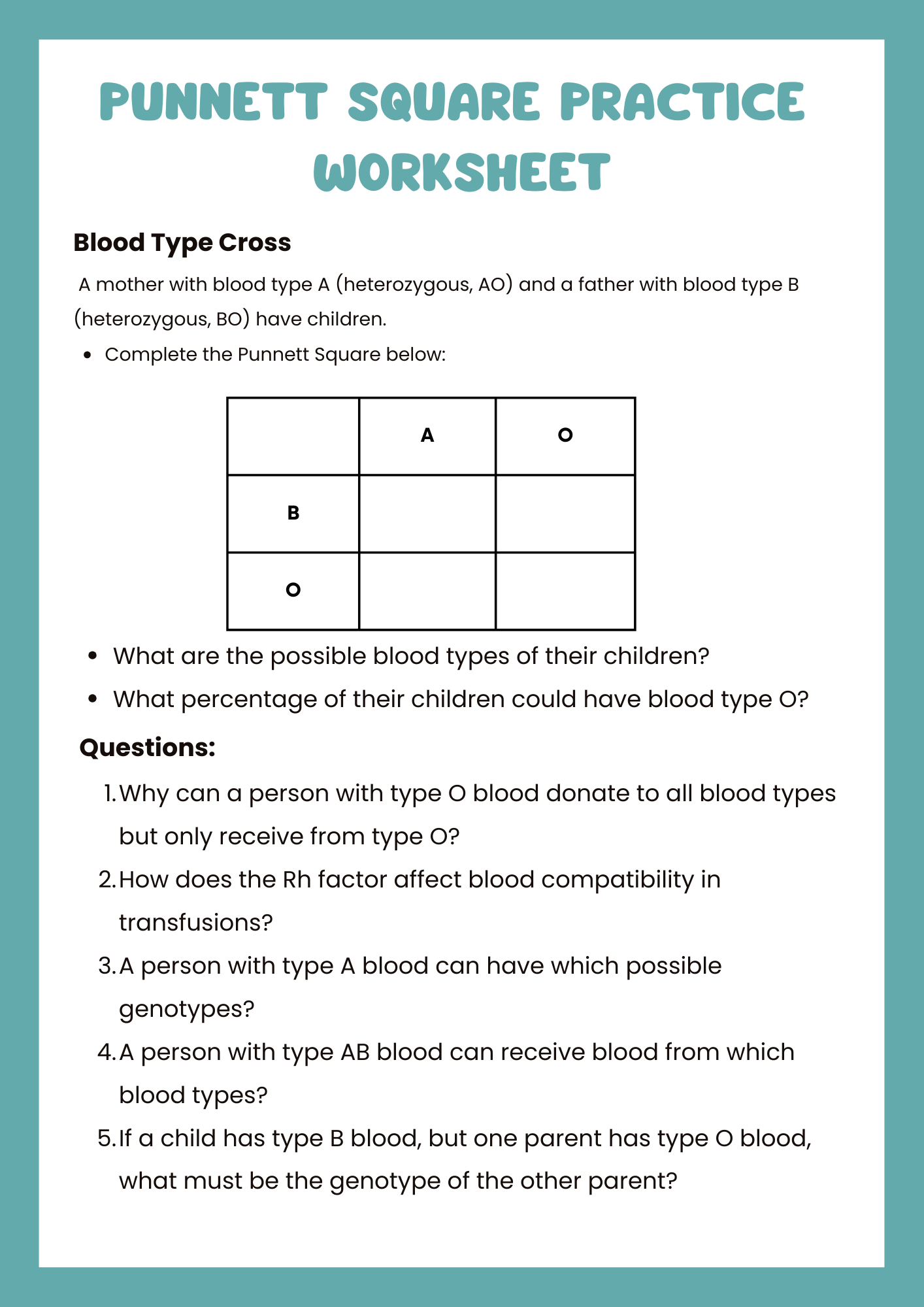 Blood Type Punnett Square Practice Worksheet