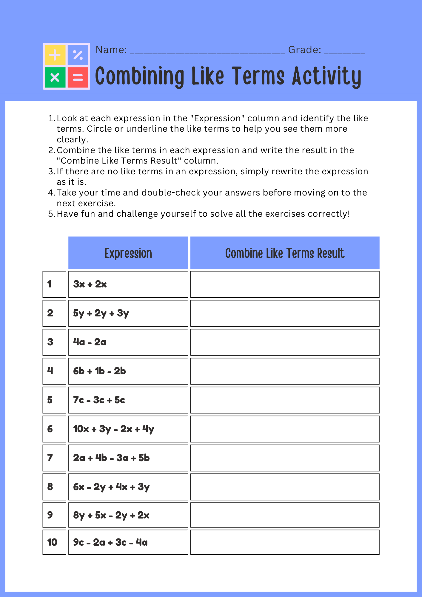 Combining Like Terms Activity Worksheet