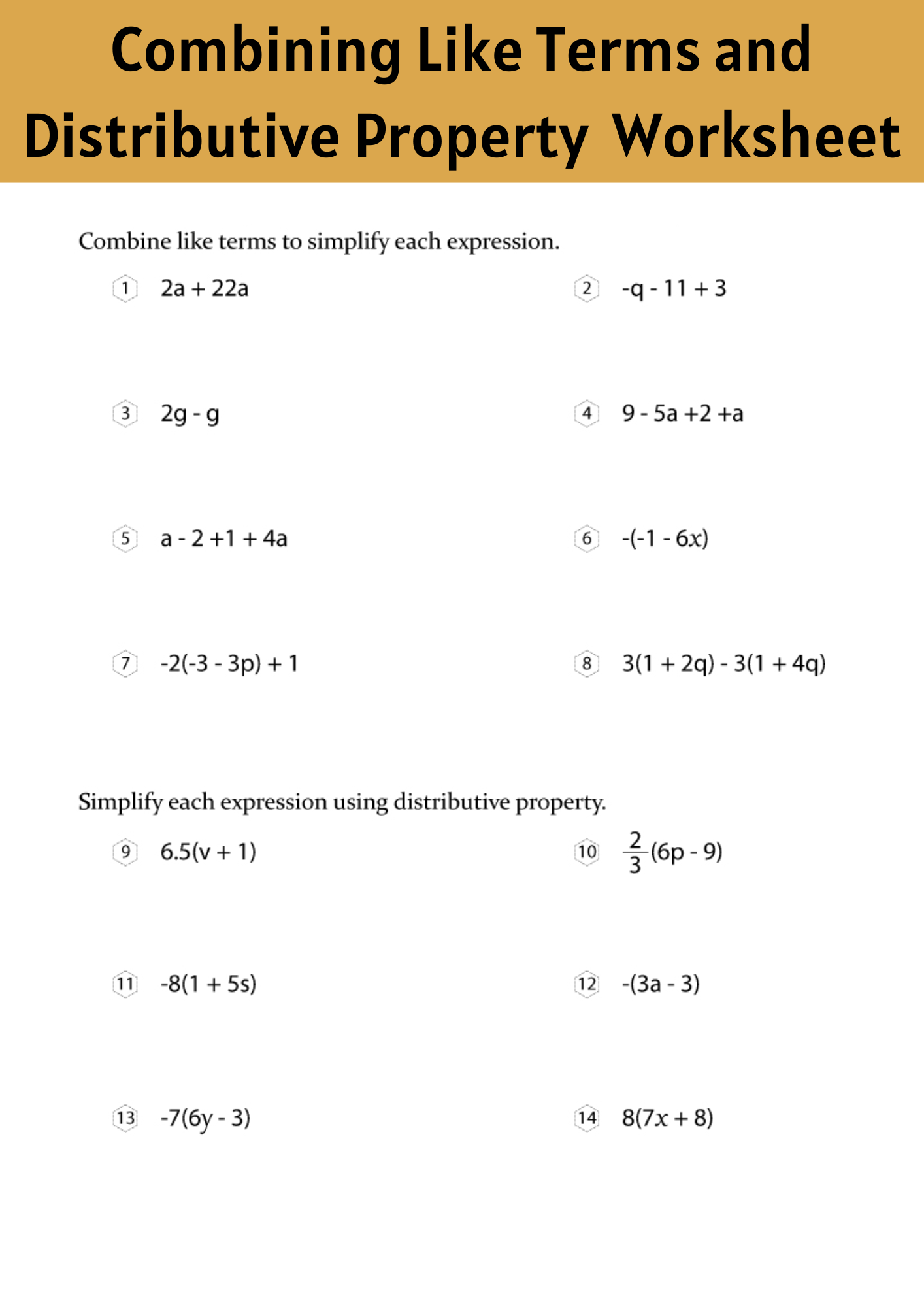 Combining Like Terms and Distributive Property Worksheet