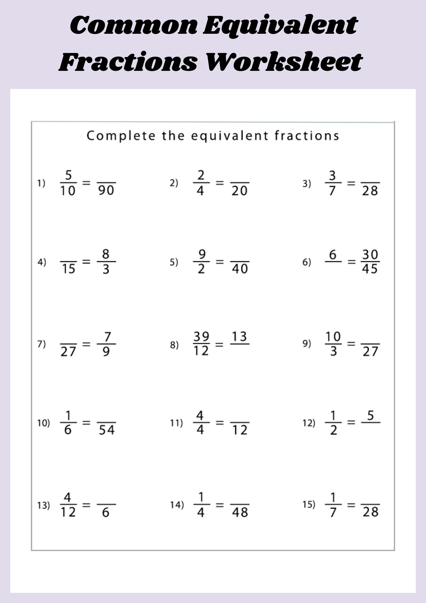 Common Equivalent Fractions Worksheet