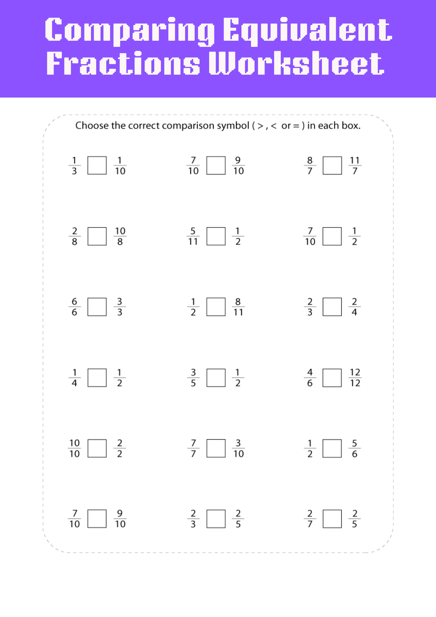 Comparing Equivalent Fractions Worksheet