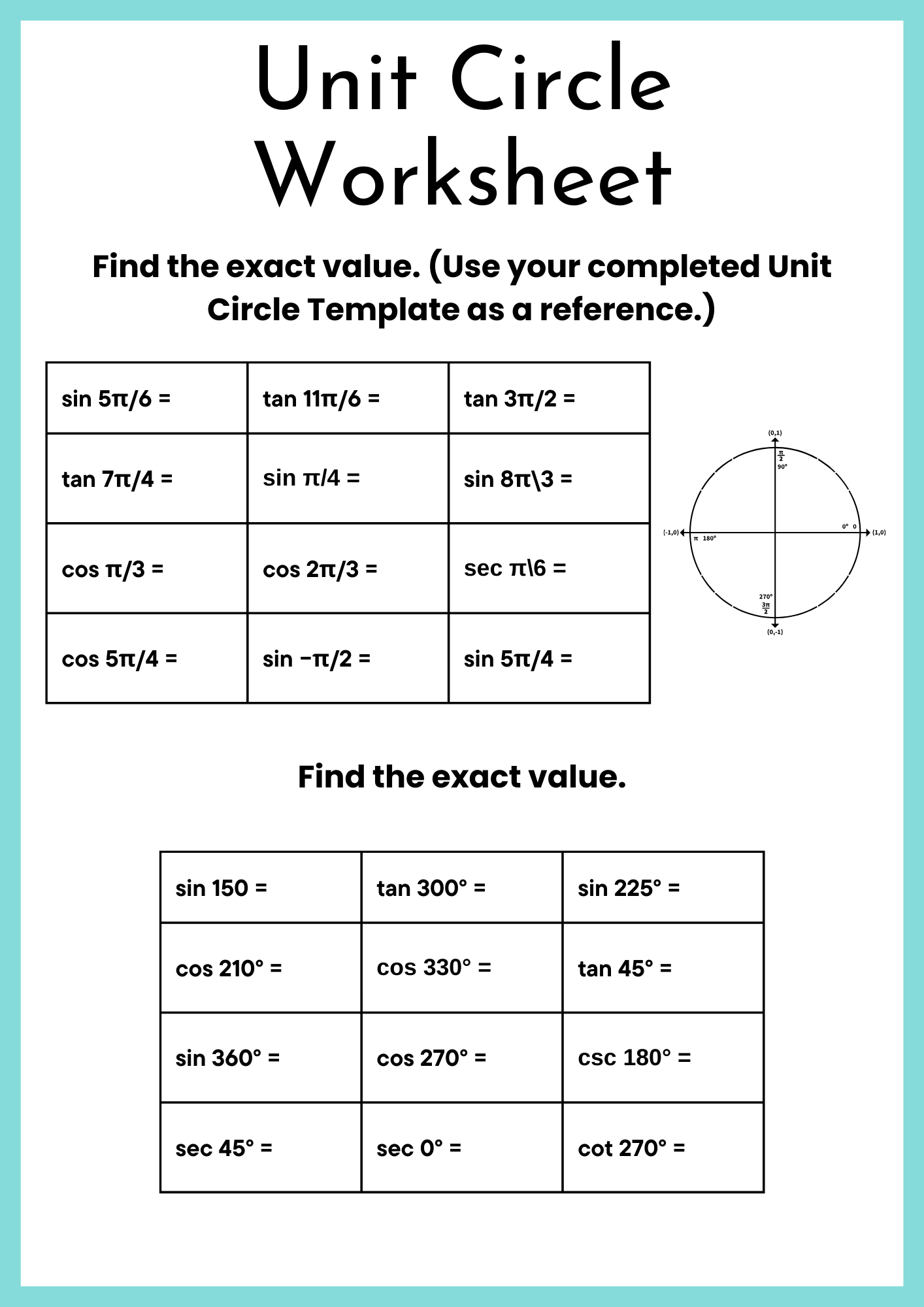 Complete Circle Unit Circle Worksheet