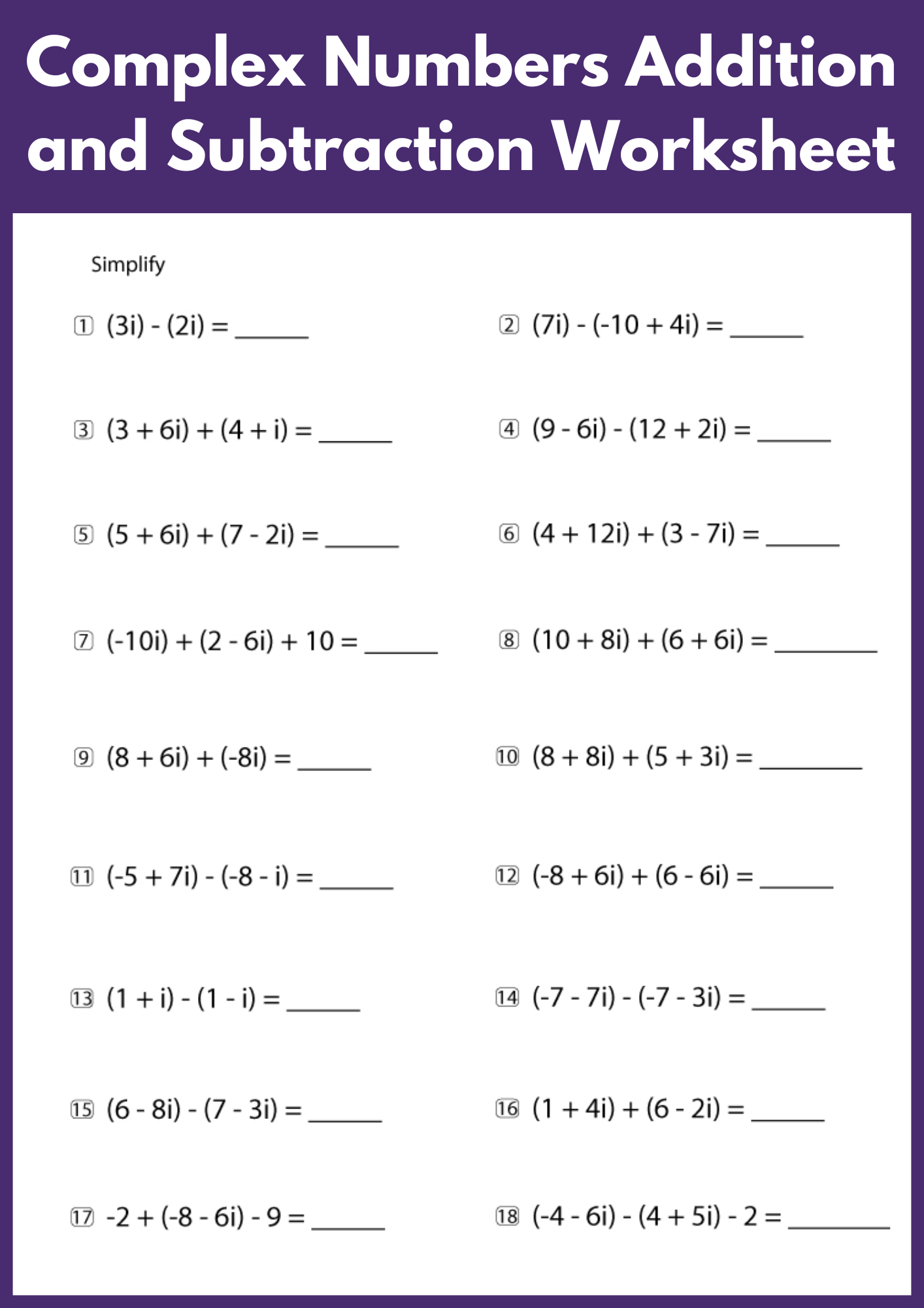 Complex Numbers Addition and Subtraction Worksheet