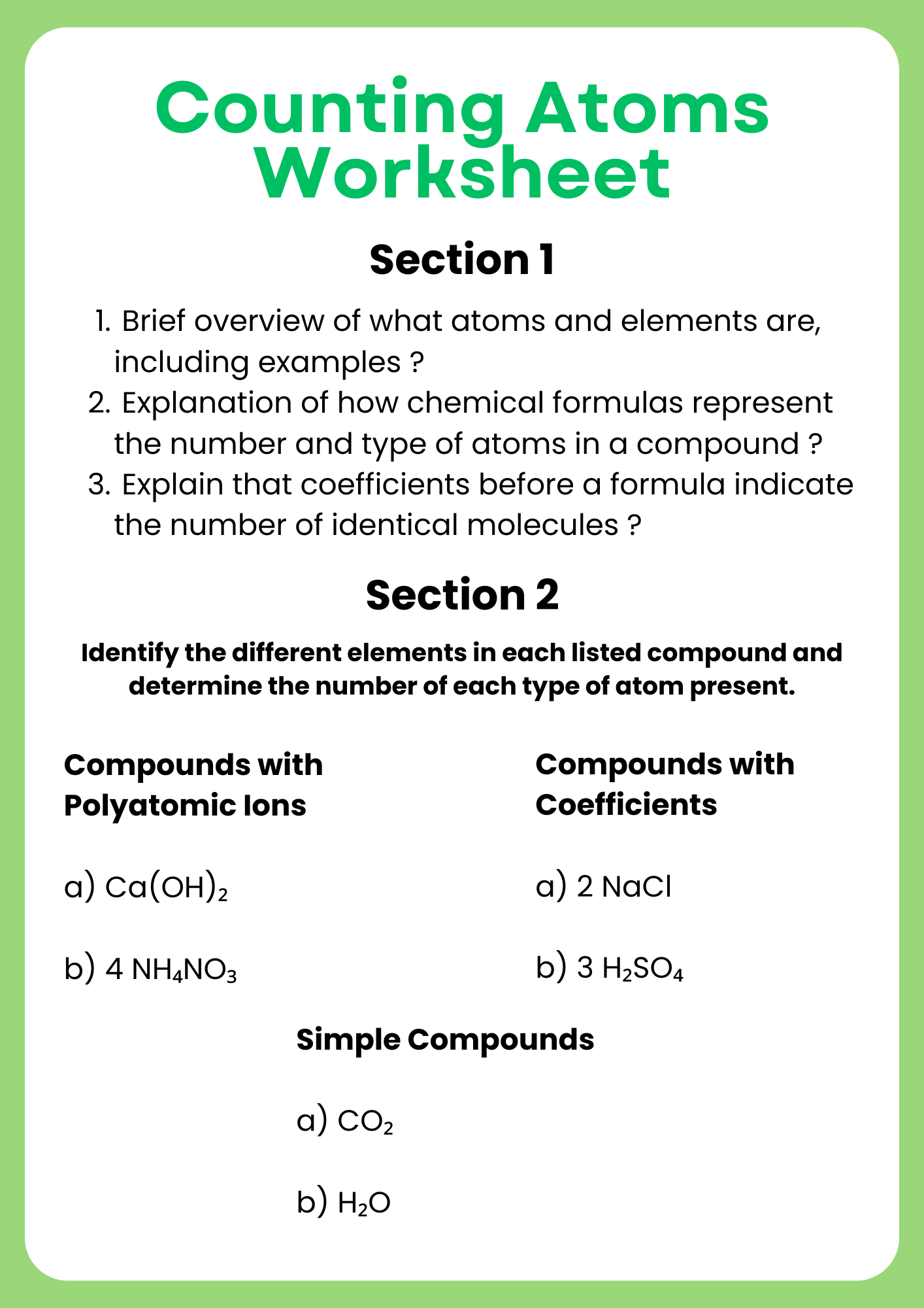 Counting Atoms Worksheet for Chemistry 1