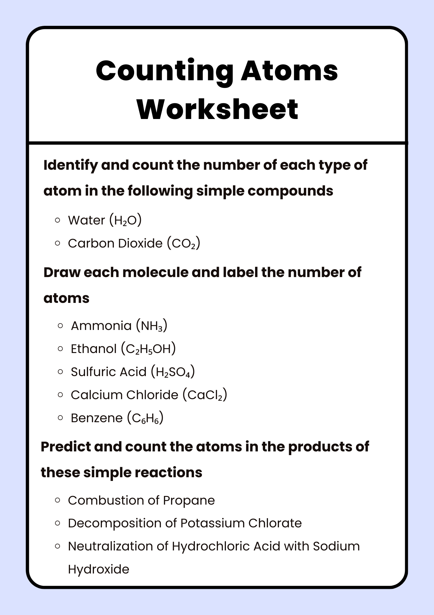 Counting Atoms Worksheets for Homeschool