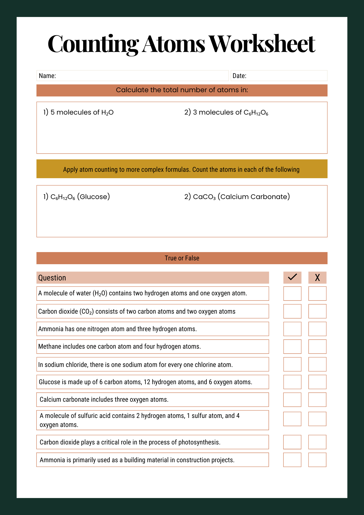 Counting Atoms Worksheets for Schools