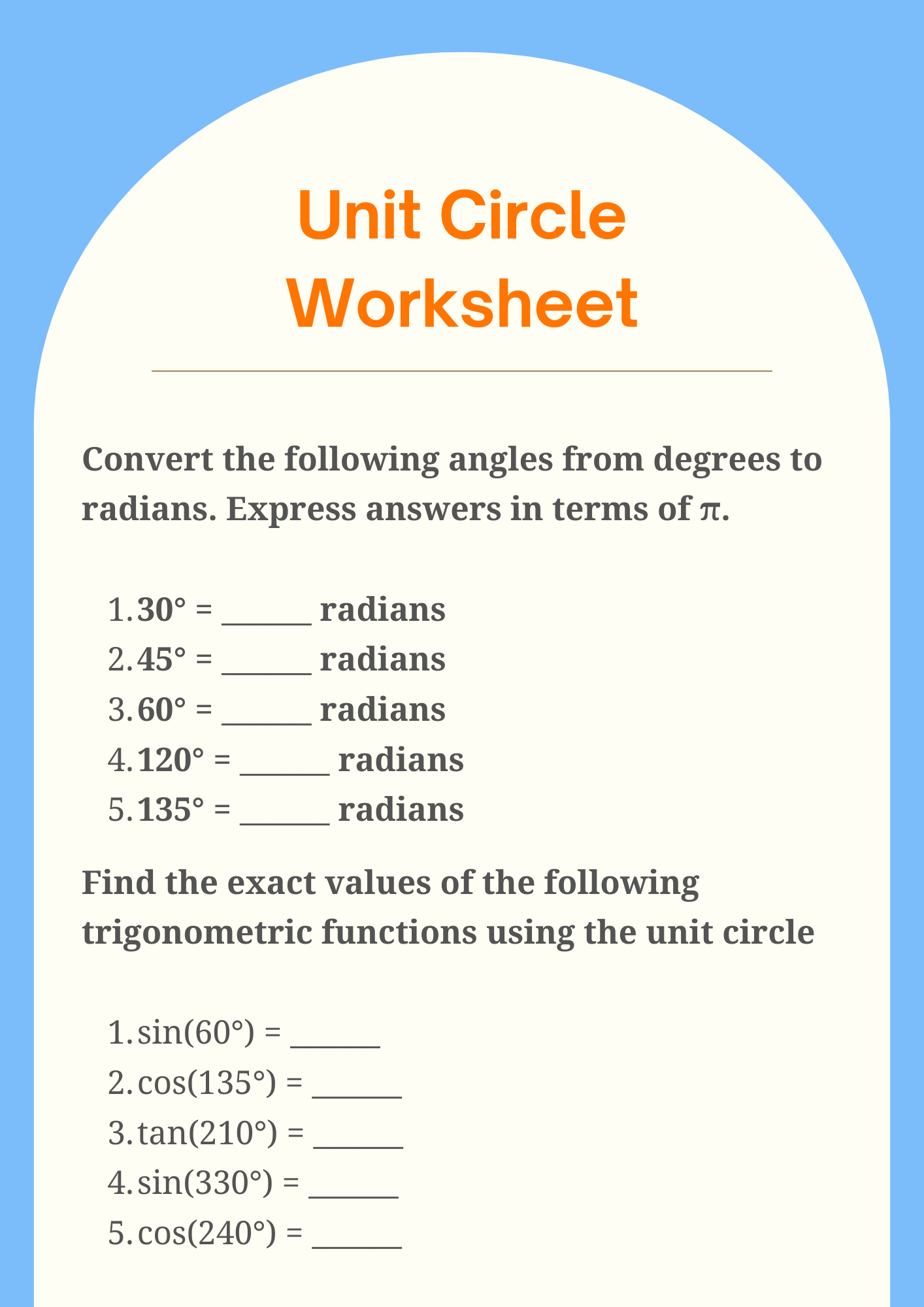 Degrees Unit Circle Worksheet 