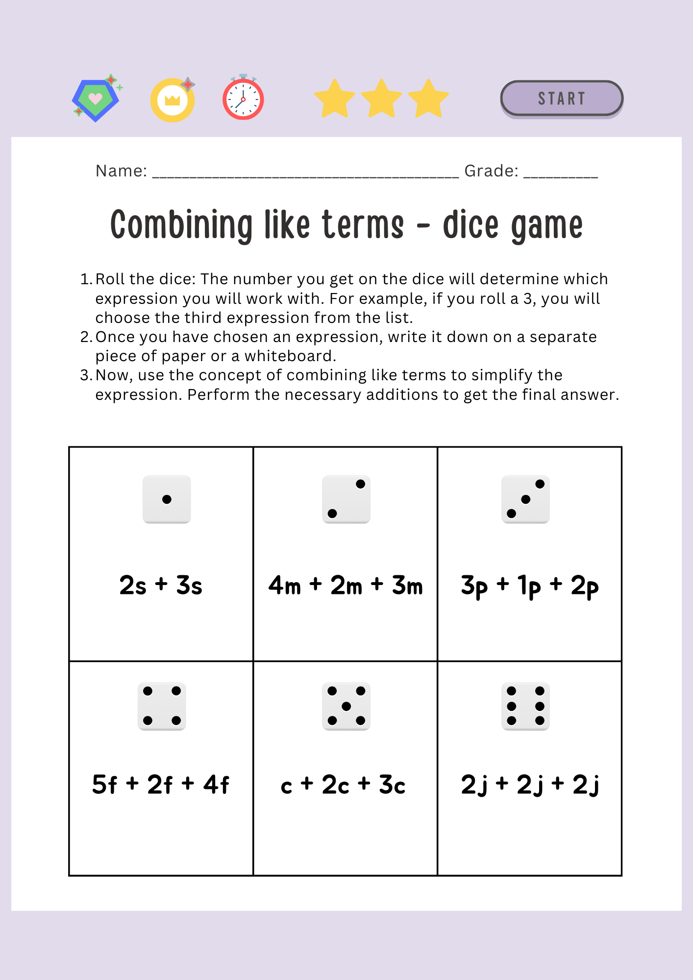 Dice Game Combining Like Terms Worksheet