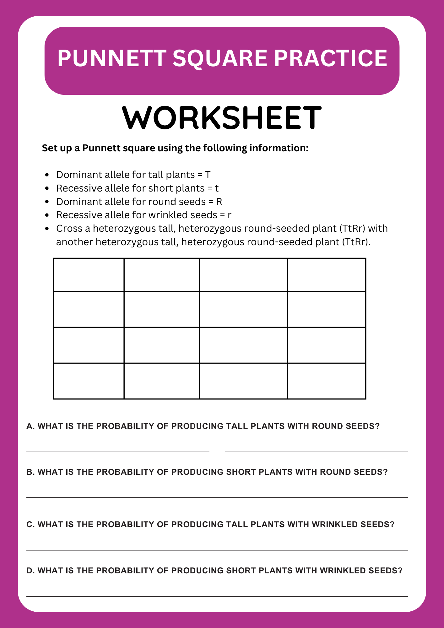 Dihybrid Cross Punnett Square Practice Worksheet