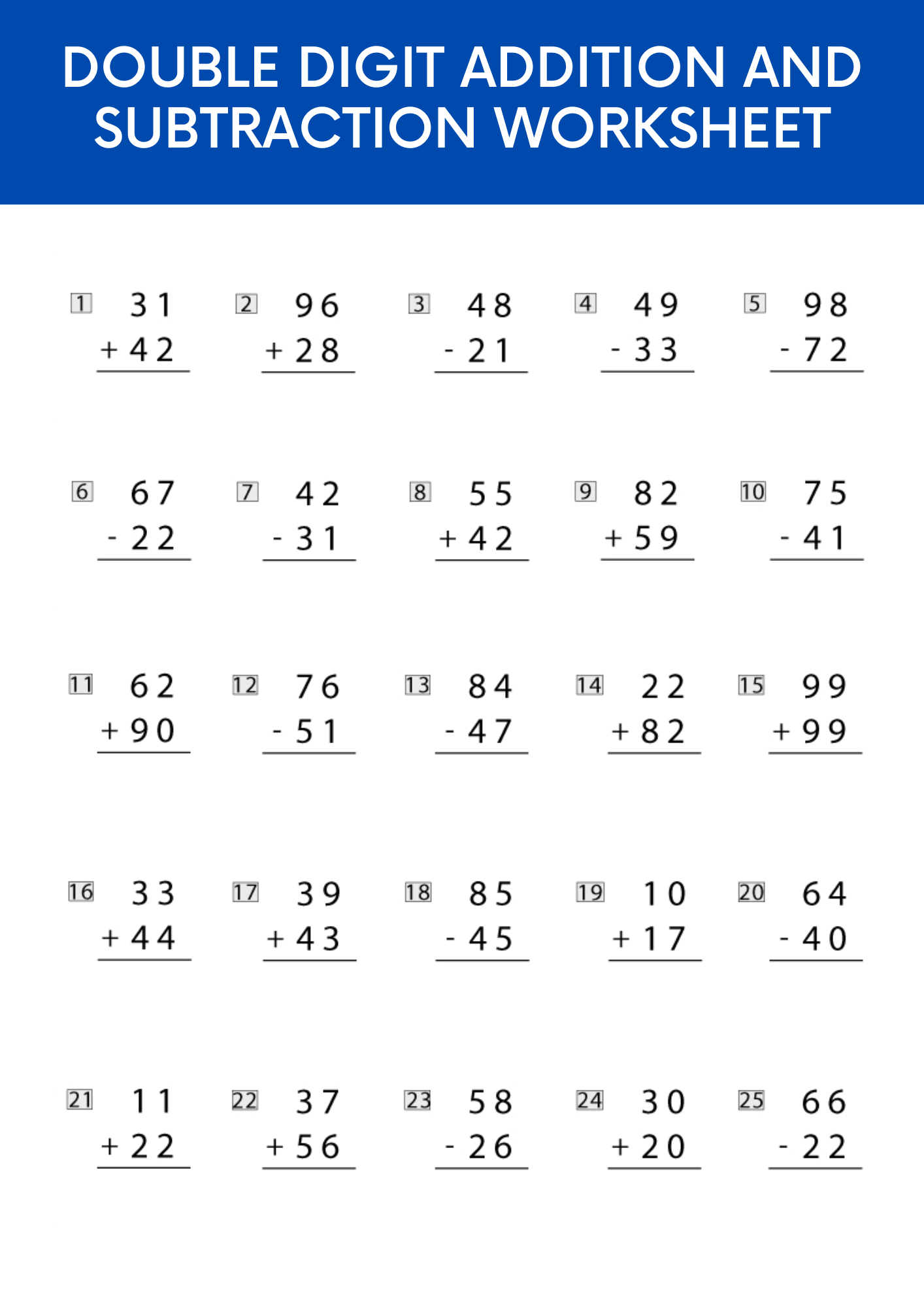 Double Digit Addition and subtraction Worksheet