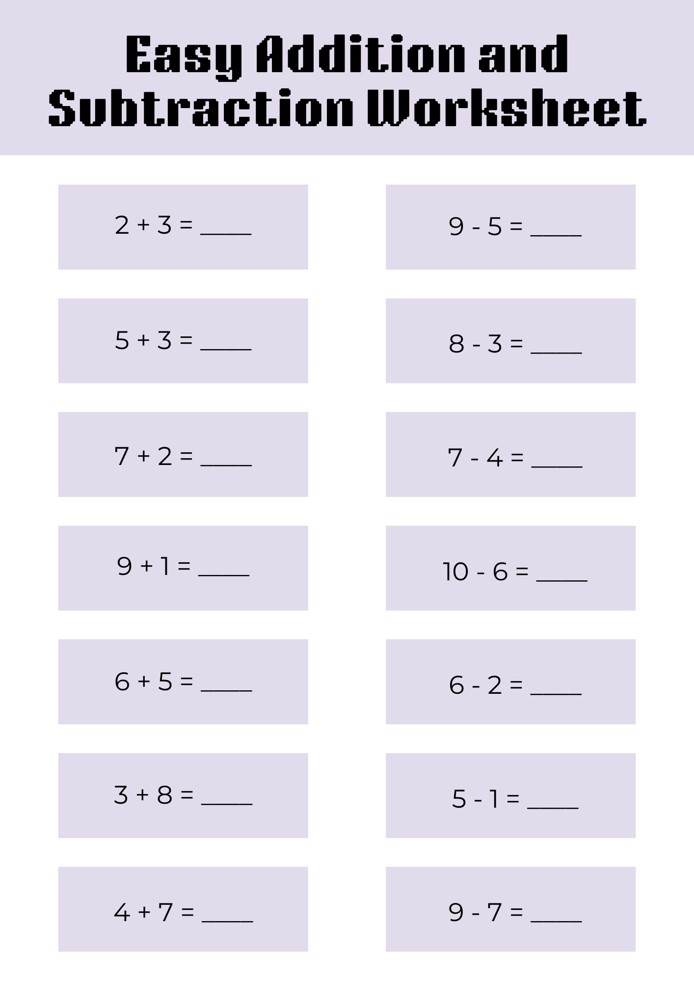 Easy Addition and Subtraction Worksheet