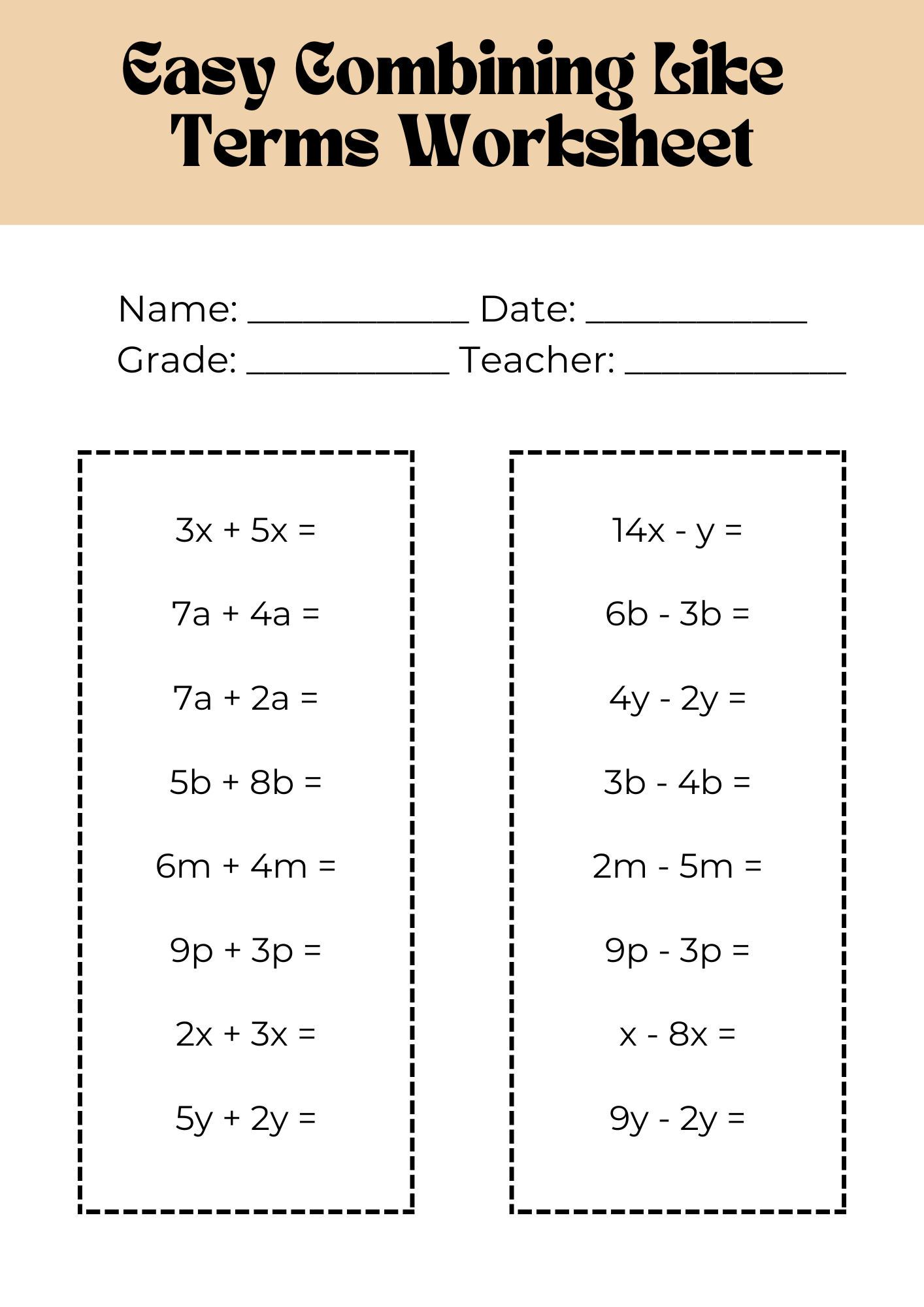 Easy Combining Like Terms Worksheet