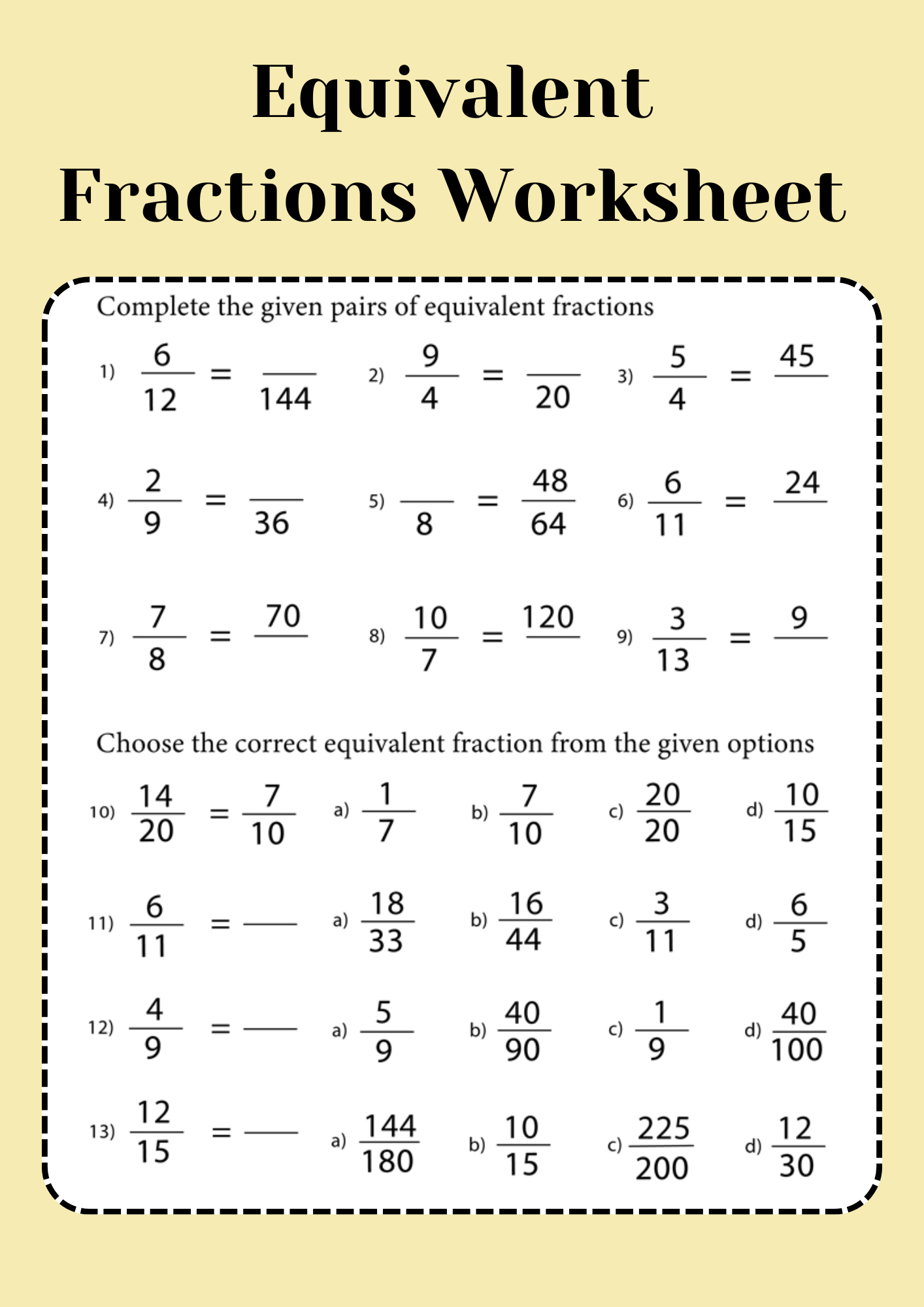 Editable Equivalent Fractions Worksheet