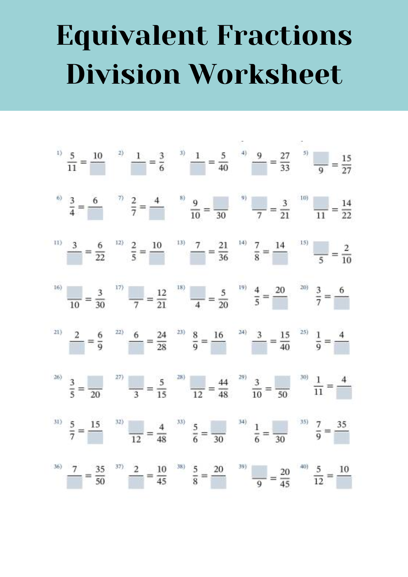 Equivalent Fractions Division Worksheet