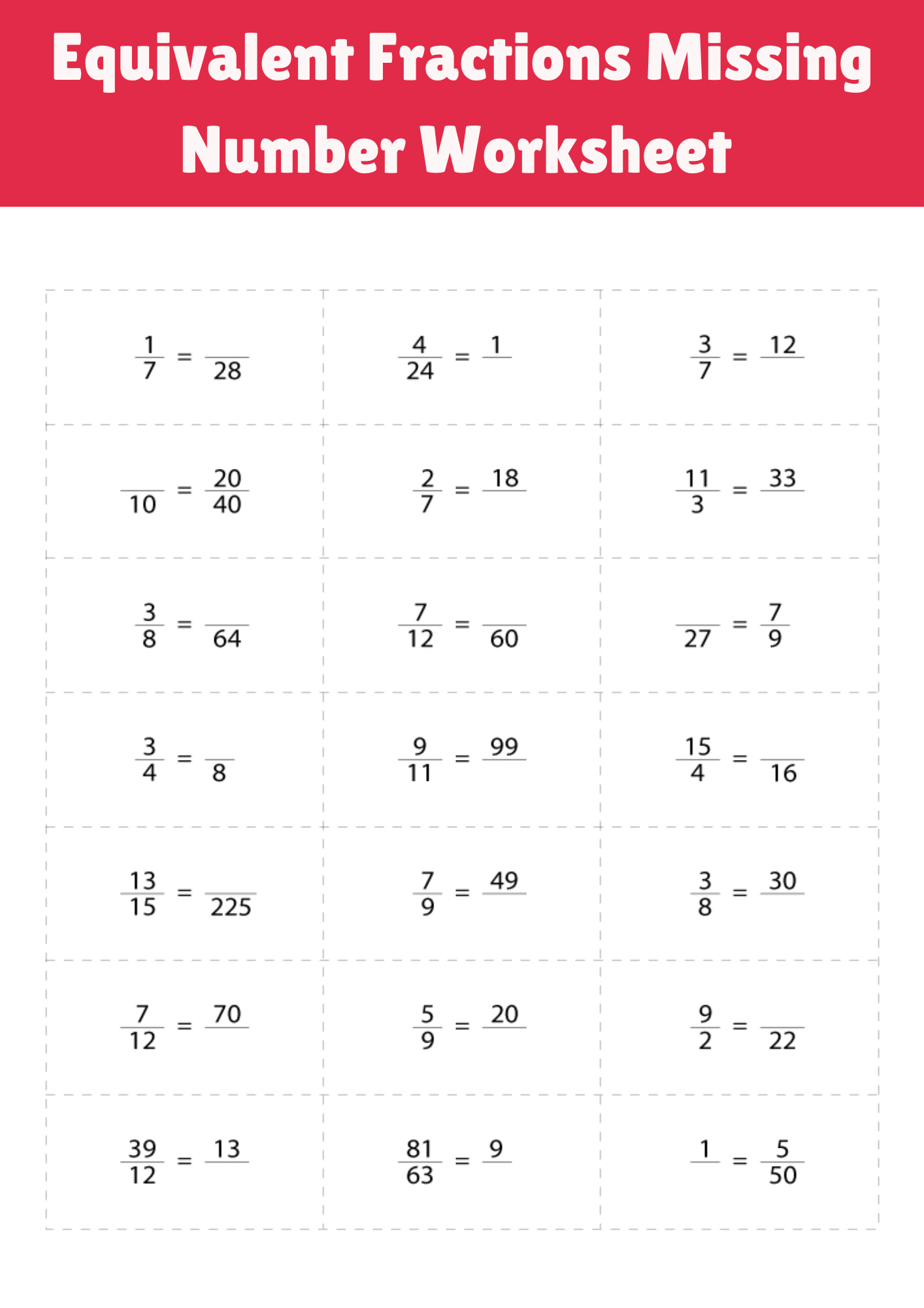 Equivalent Fractions Missing Number Worksheet