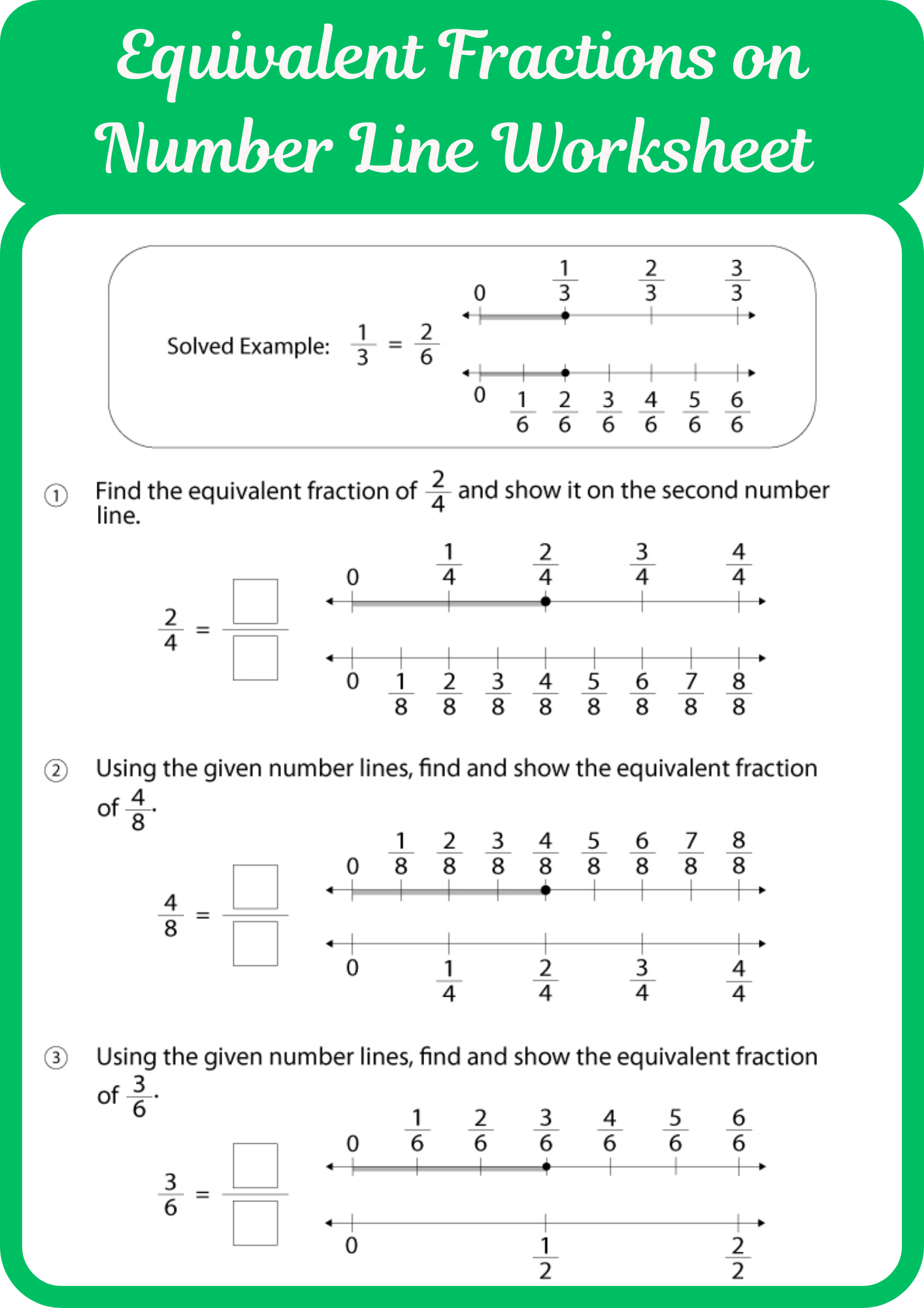 Equivalent Fractions on Number Line Worksheet