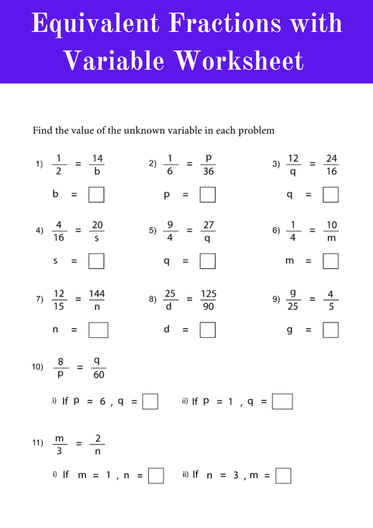 Equivalent Fractions with Variable Worksheet