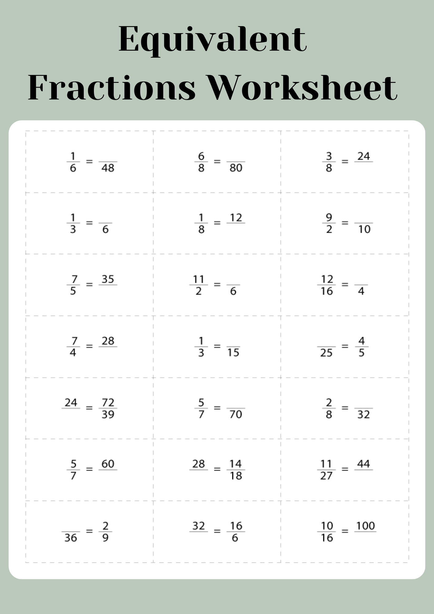 Finding Equivalent Fractions Worksheet