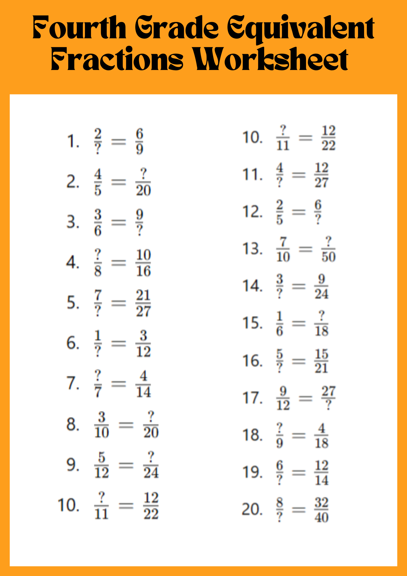 Fourth Grade Equivalent Fractions Worksheet