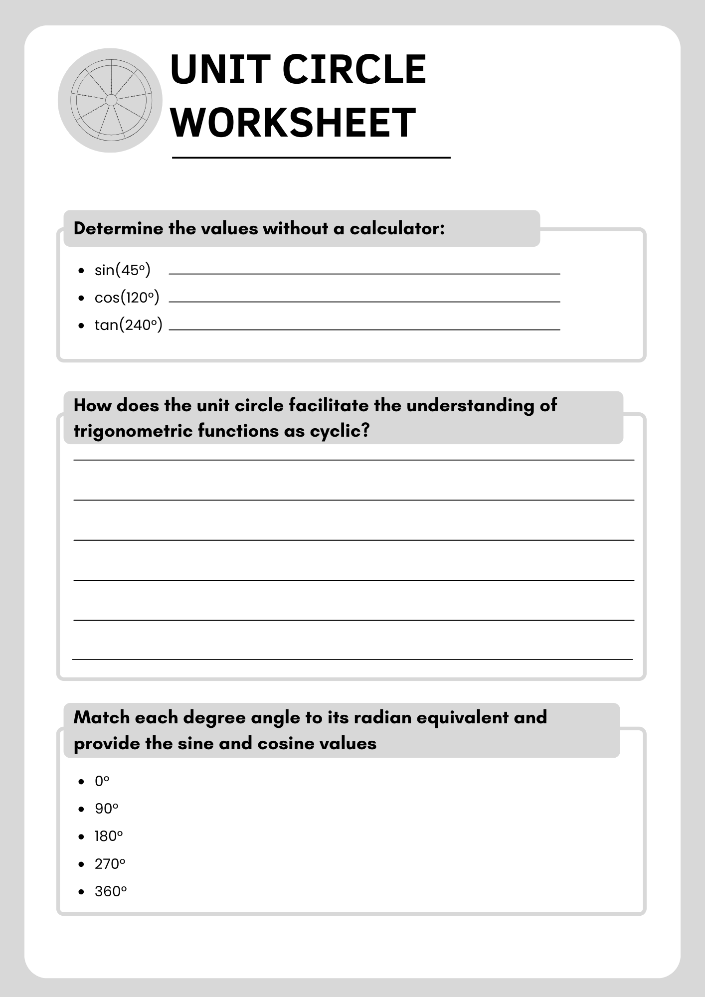 Geometry Unit Circle Worksheet