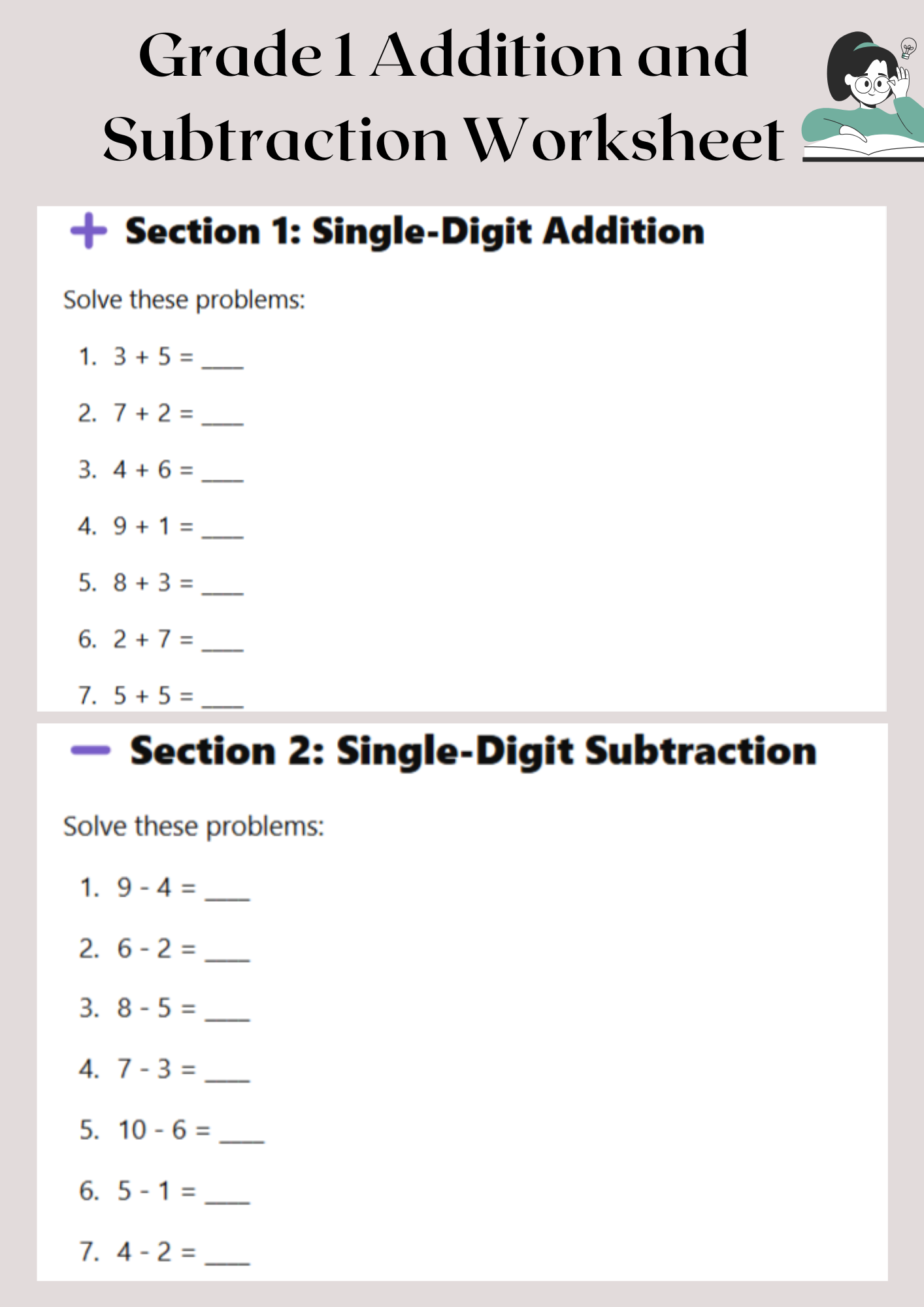 Grade 1 Addition and Subtraction Worksheet