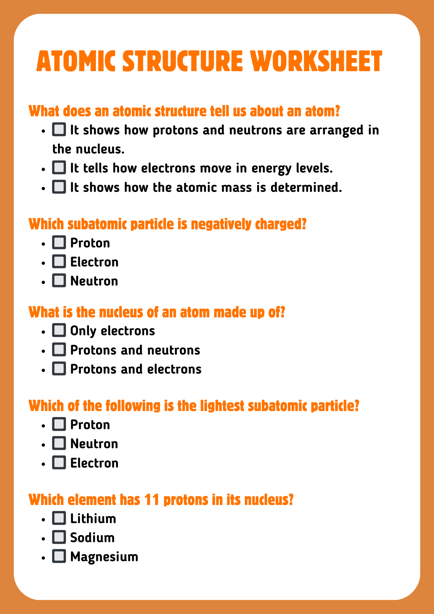 Grade 6 Atomic Structure Worksheet