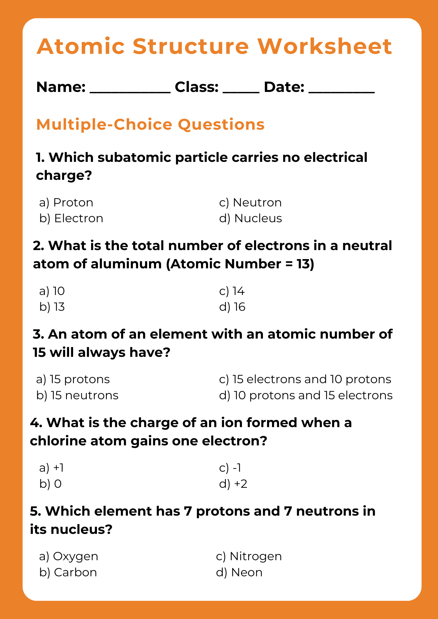 Grade 9 Atomic Structure Worksheet