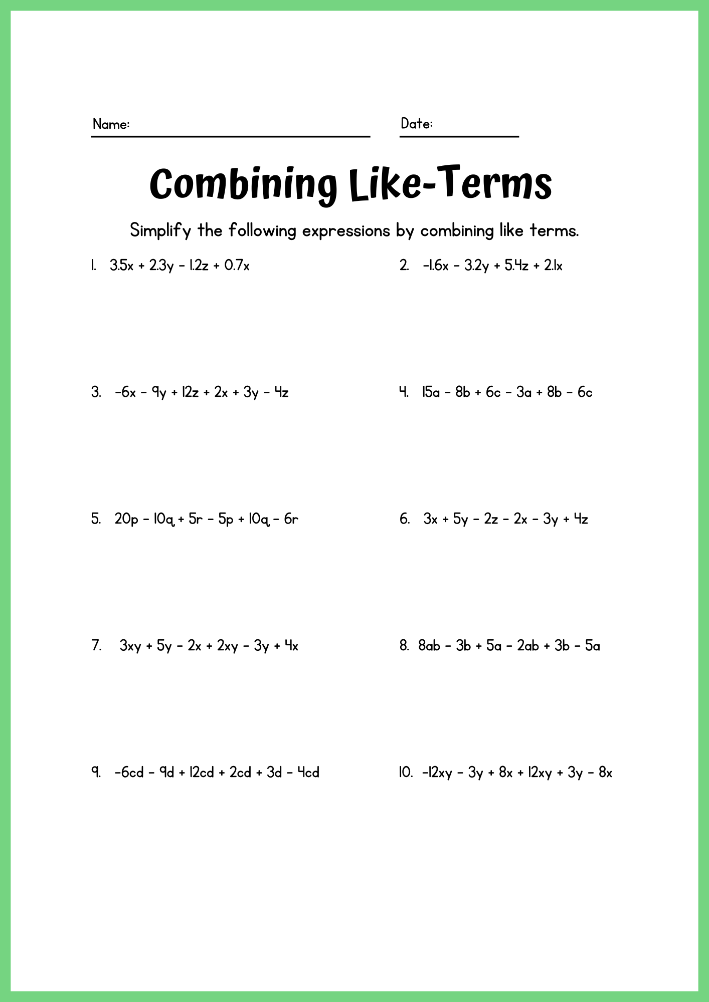 Hard Combining Like Terms Worksheet 