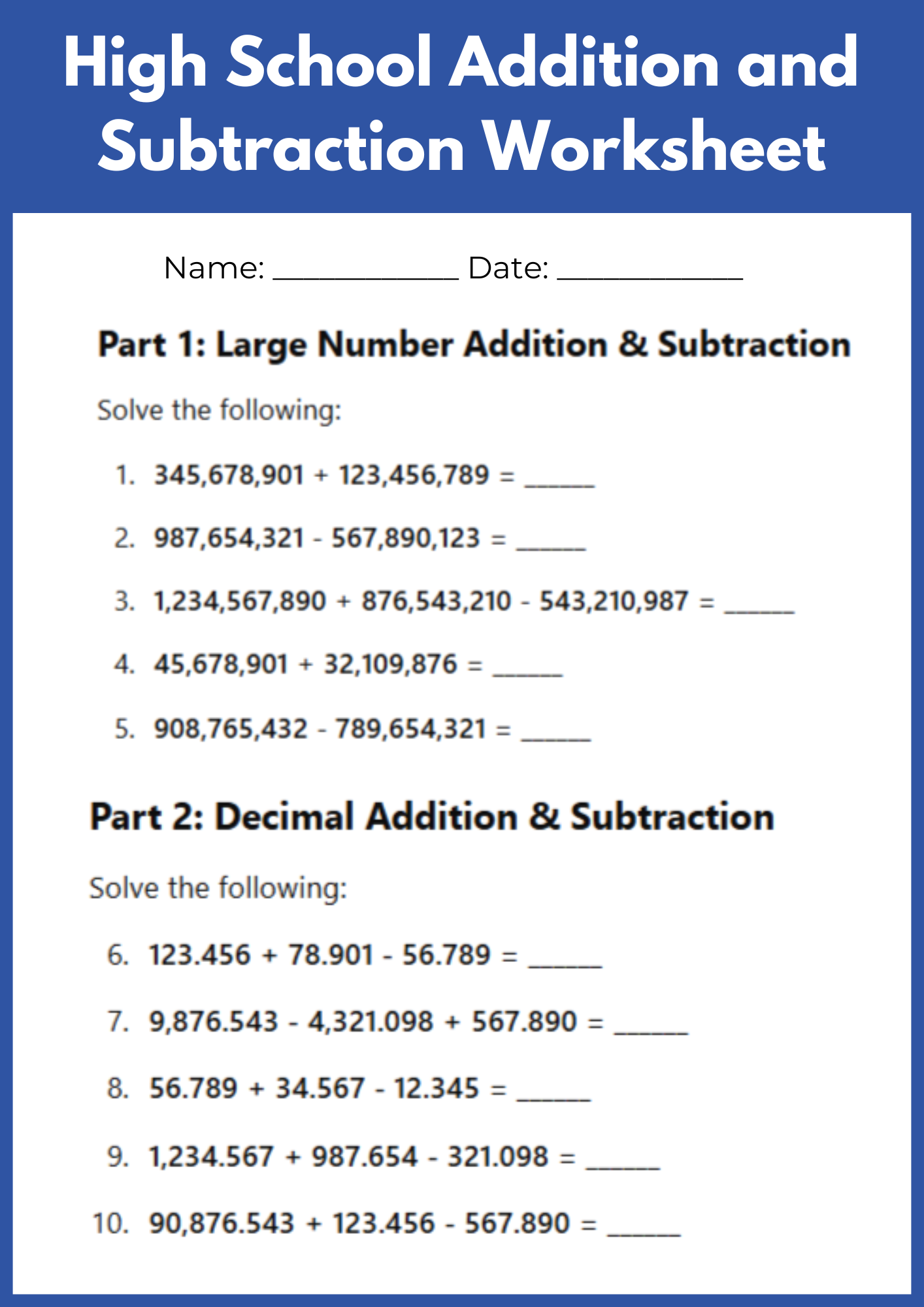 High School Addition and Subtraction Worksheet