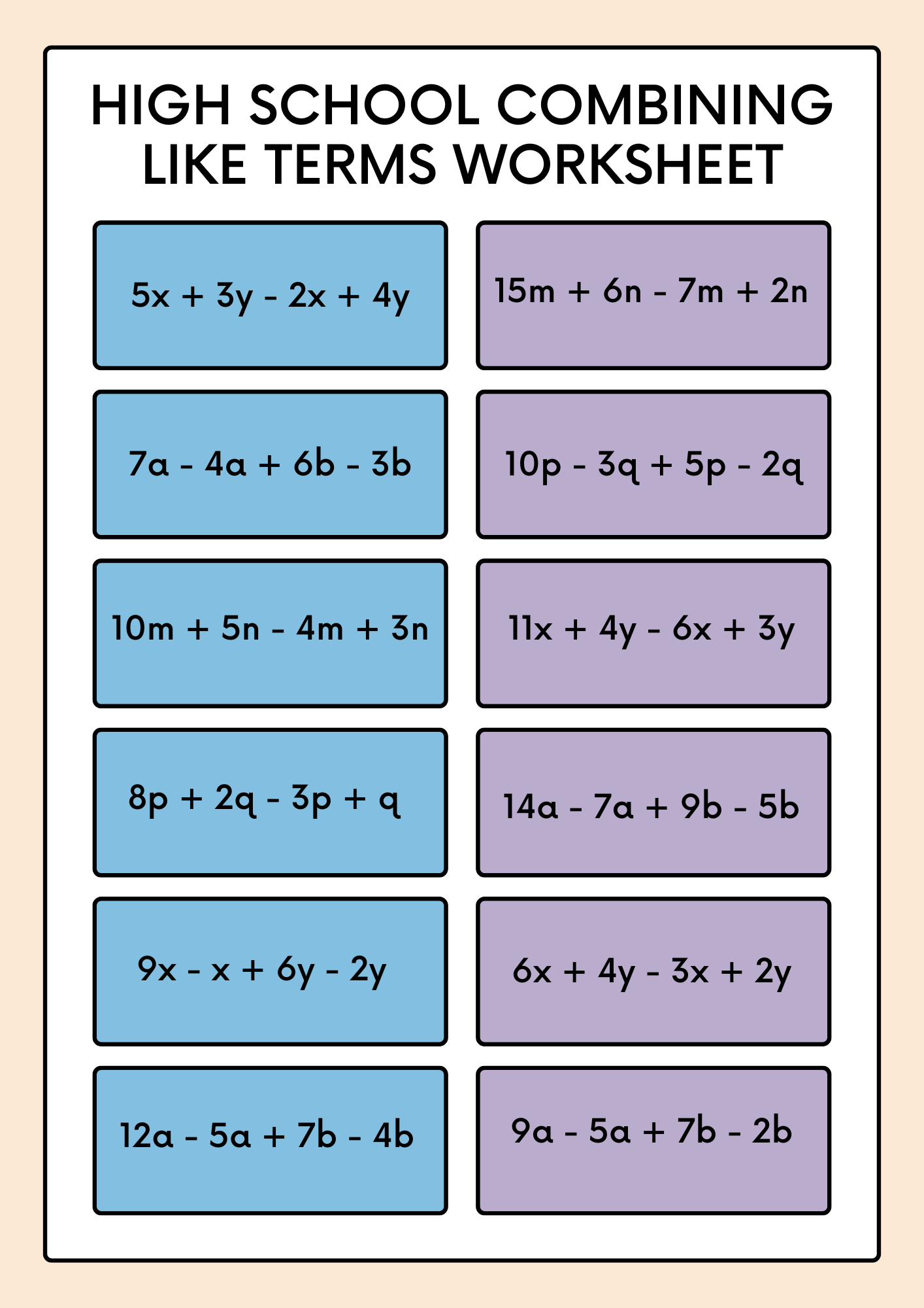 High School Combining Like Terms Worksheet