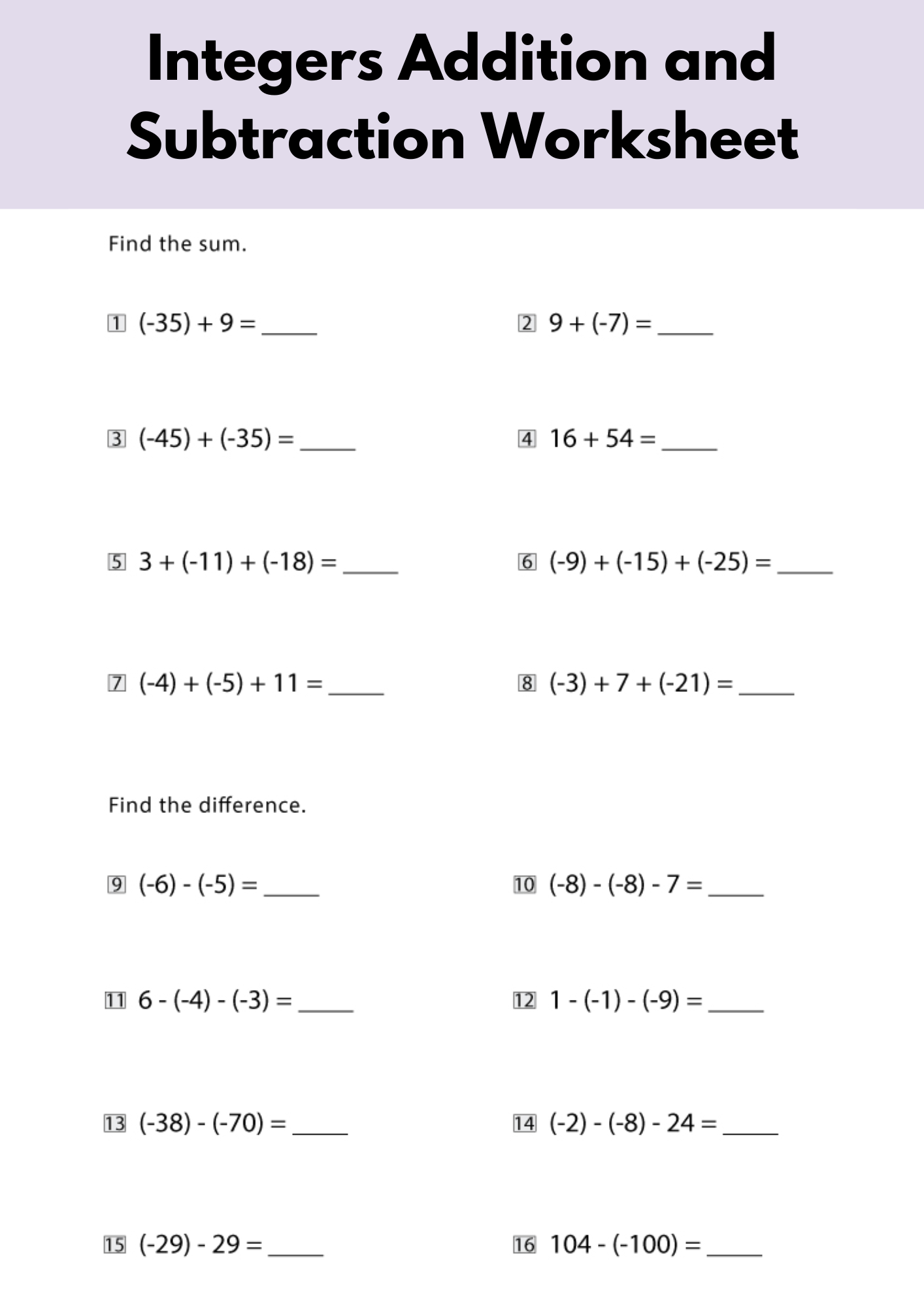 Integers Addition and Subtraction Worksheet