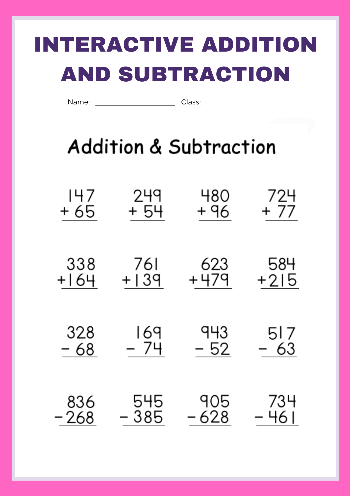 Interactive Addition and Subtraction Worksheet