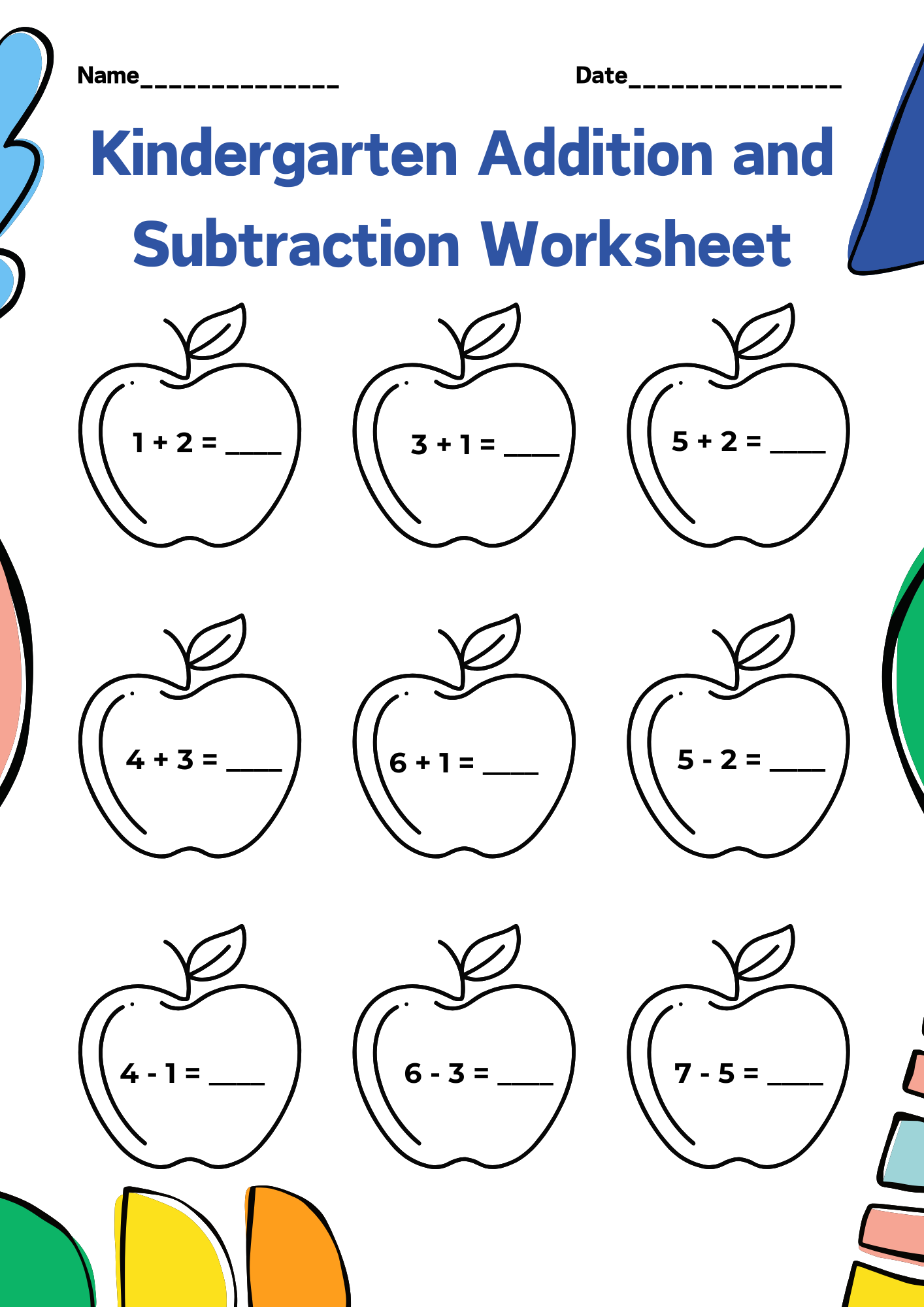 Kindergarten Addition and Subtraction Worksheet