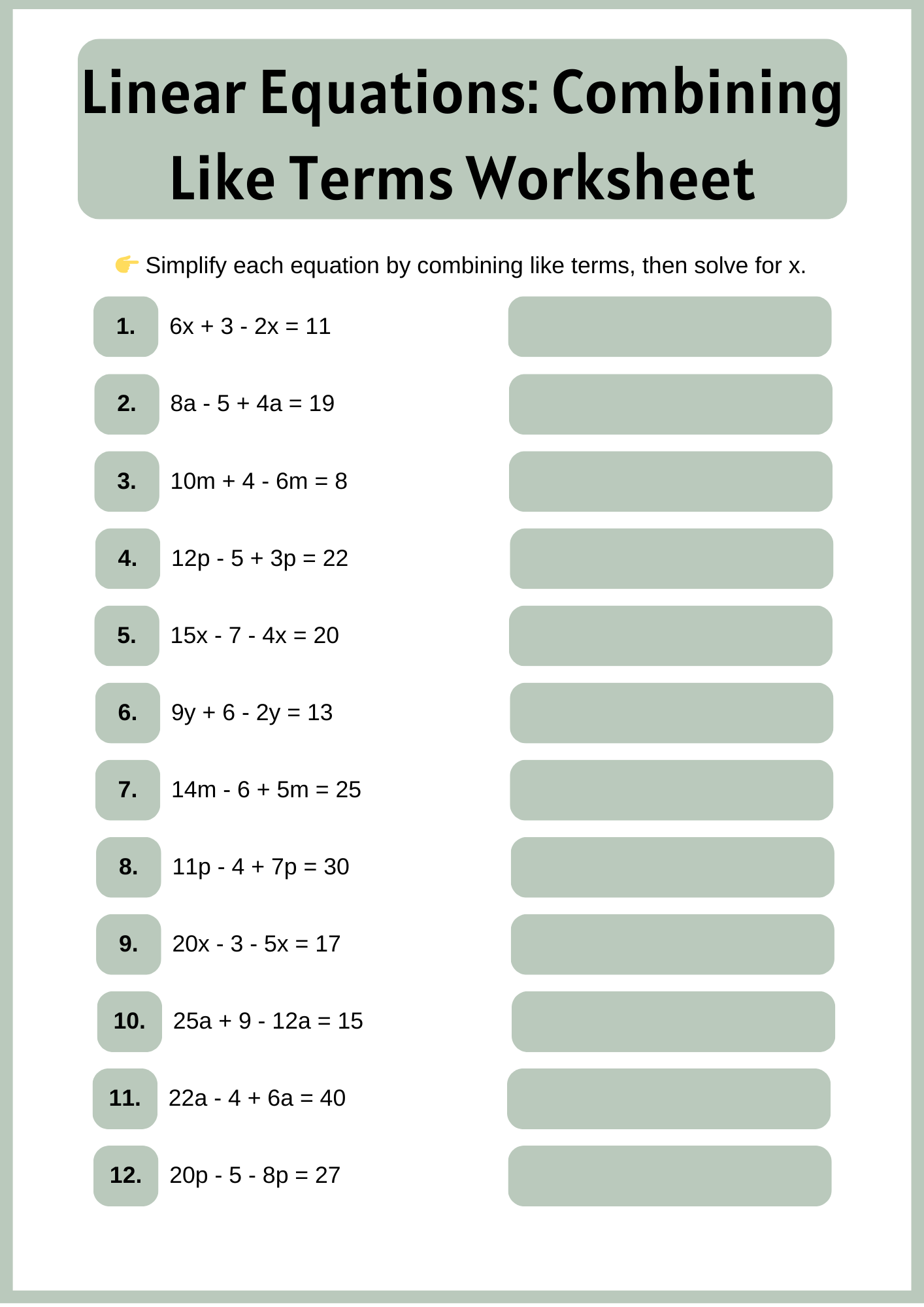 Linear Equations Combining Like Terms Worksheet