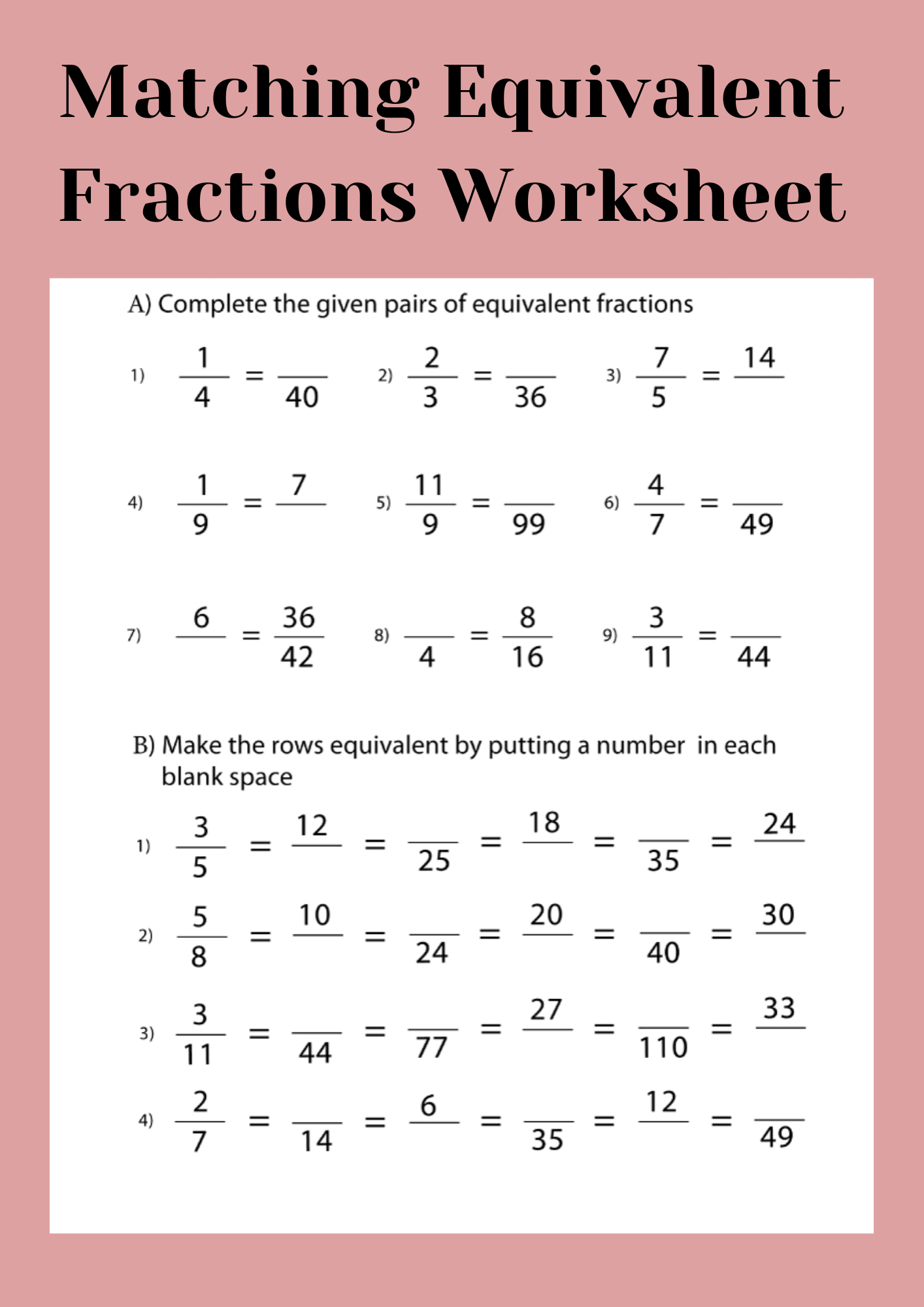 Matching Equivalent Fractions Worksheet