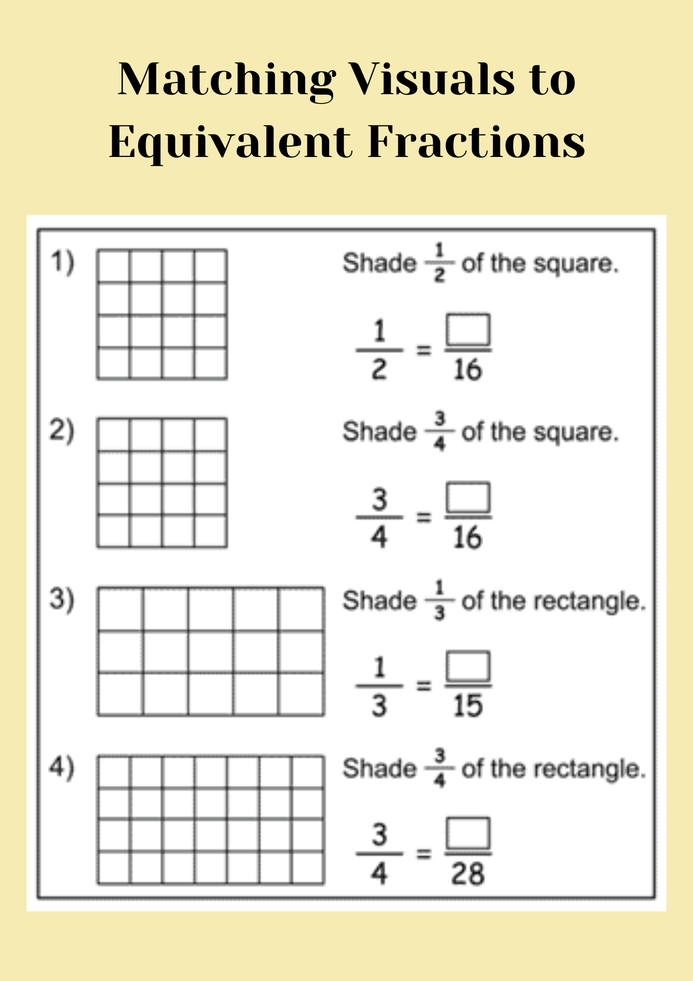 Matching Visuals to Equivalent Fractions Worksheet