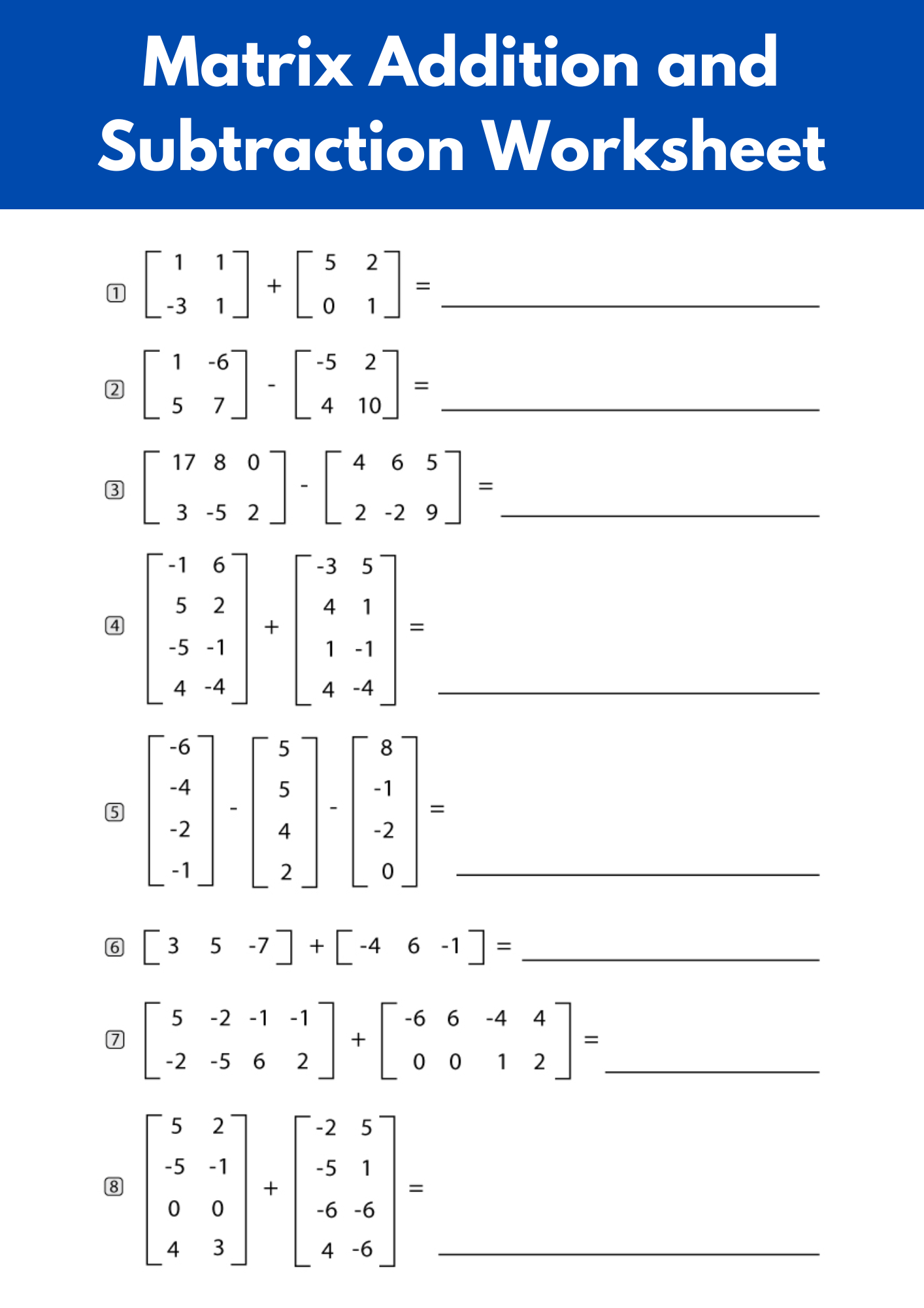 Matrix Addition and Subtraction Worksheet