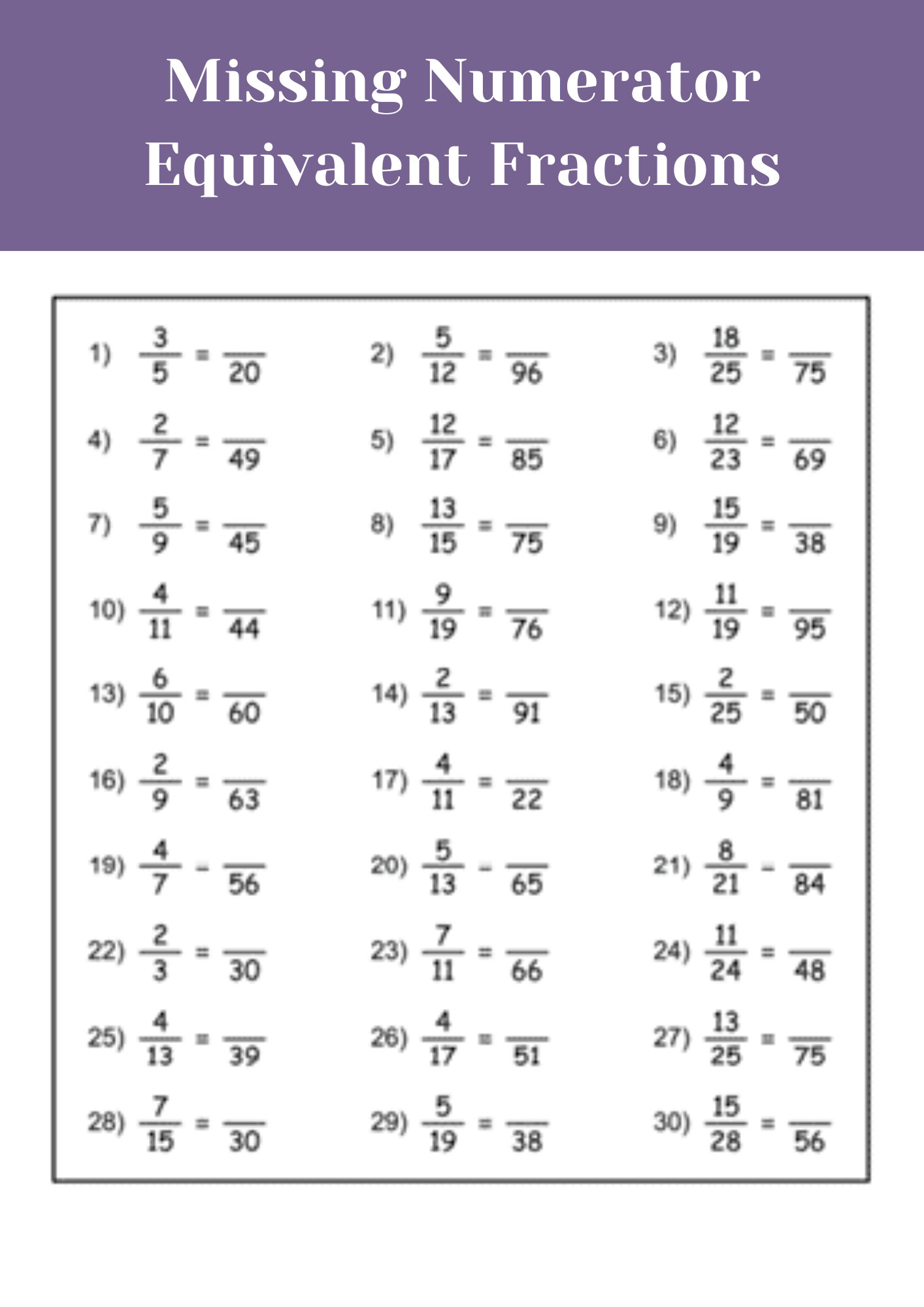 Missing Numerator Equivalent Fractions Worksheet