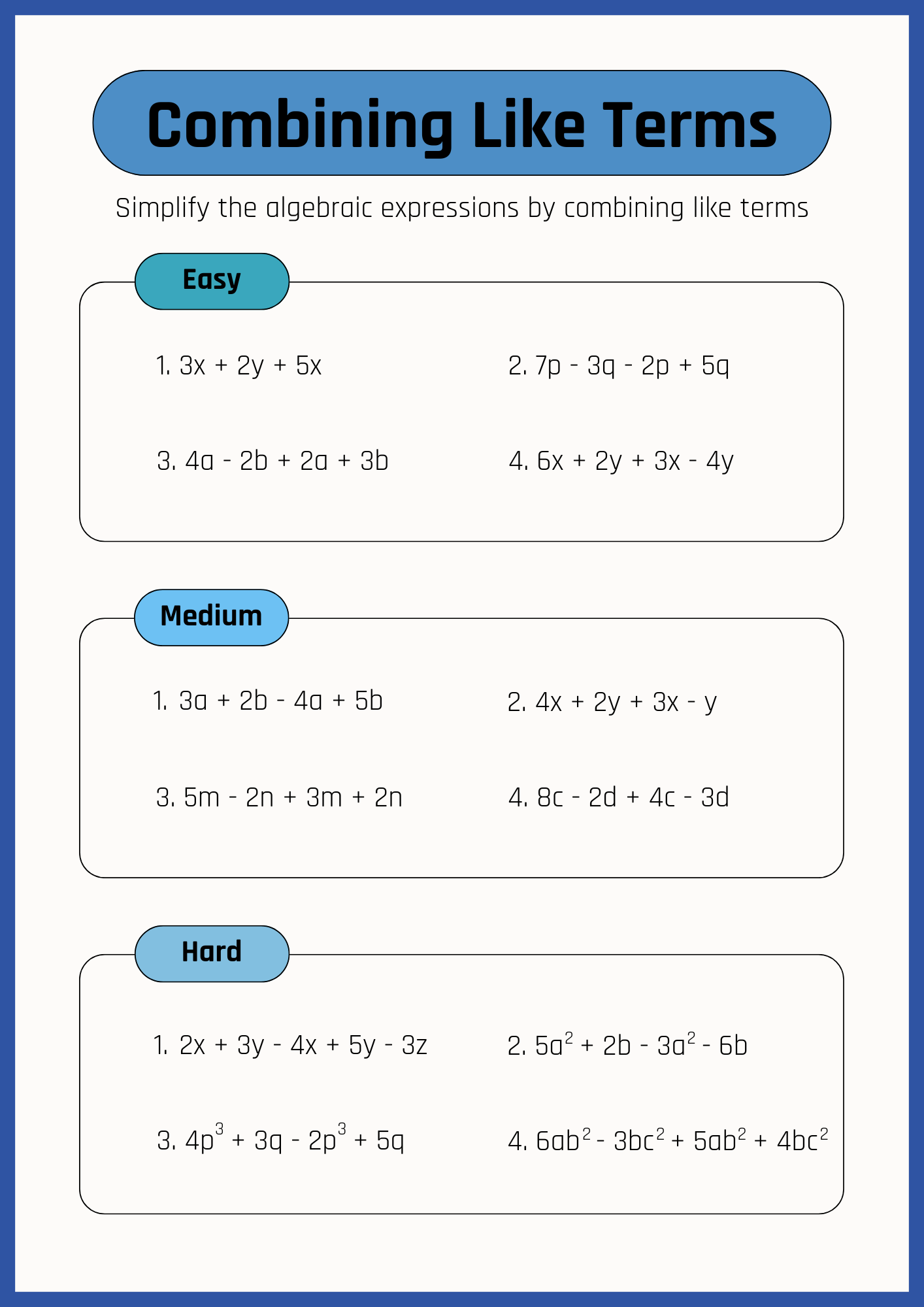 Mixed Combining Like Terms Worksheet