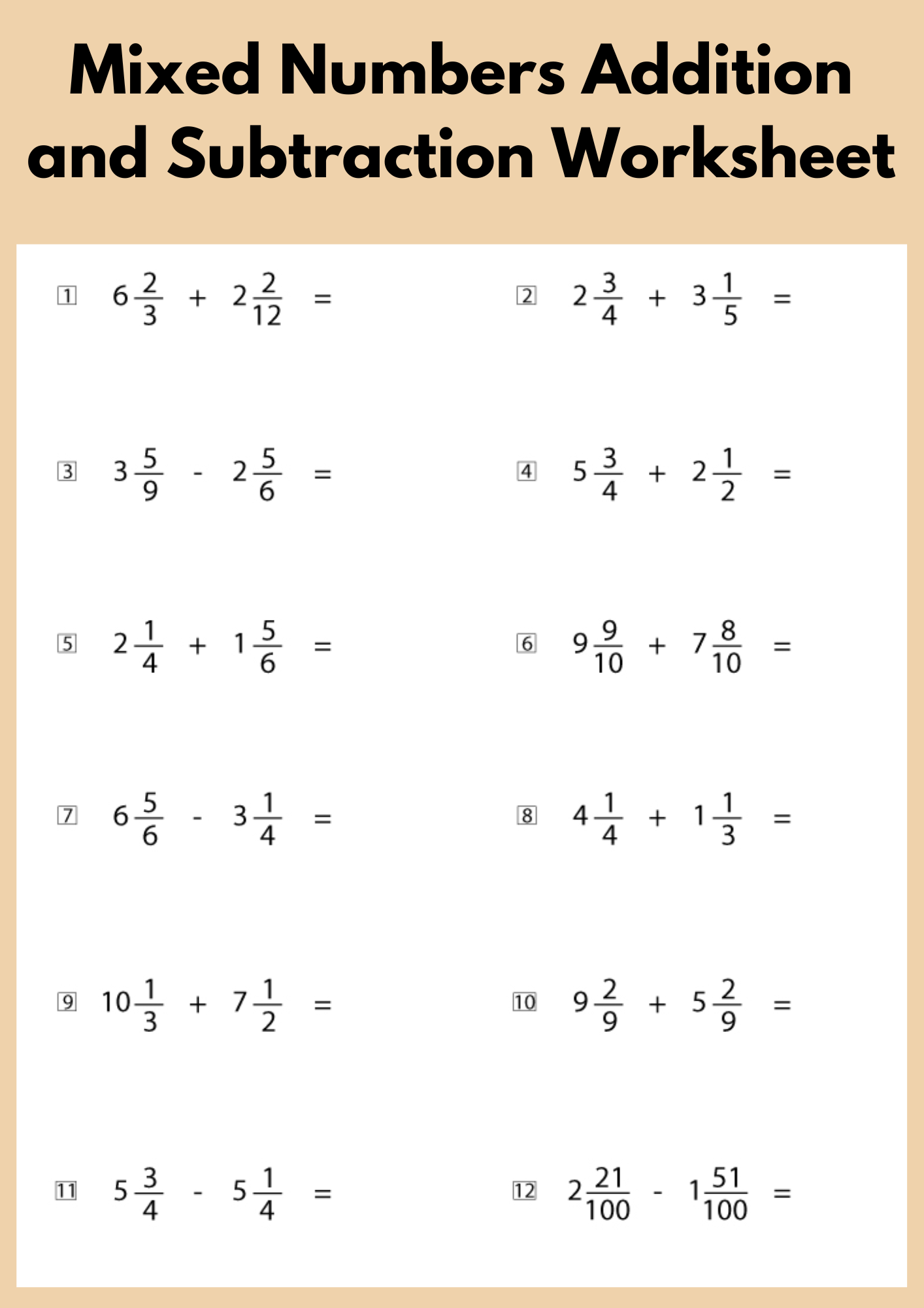 Mixed Numbers Addition and Subtraction Worksheet