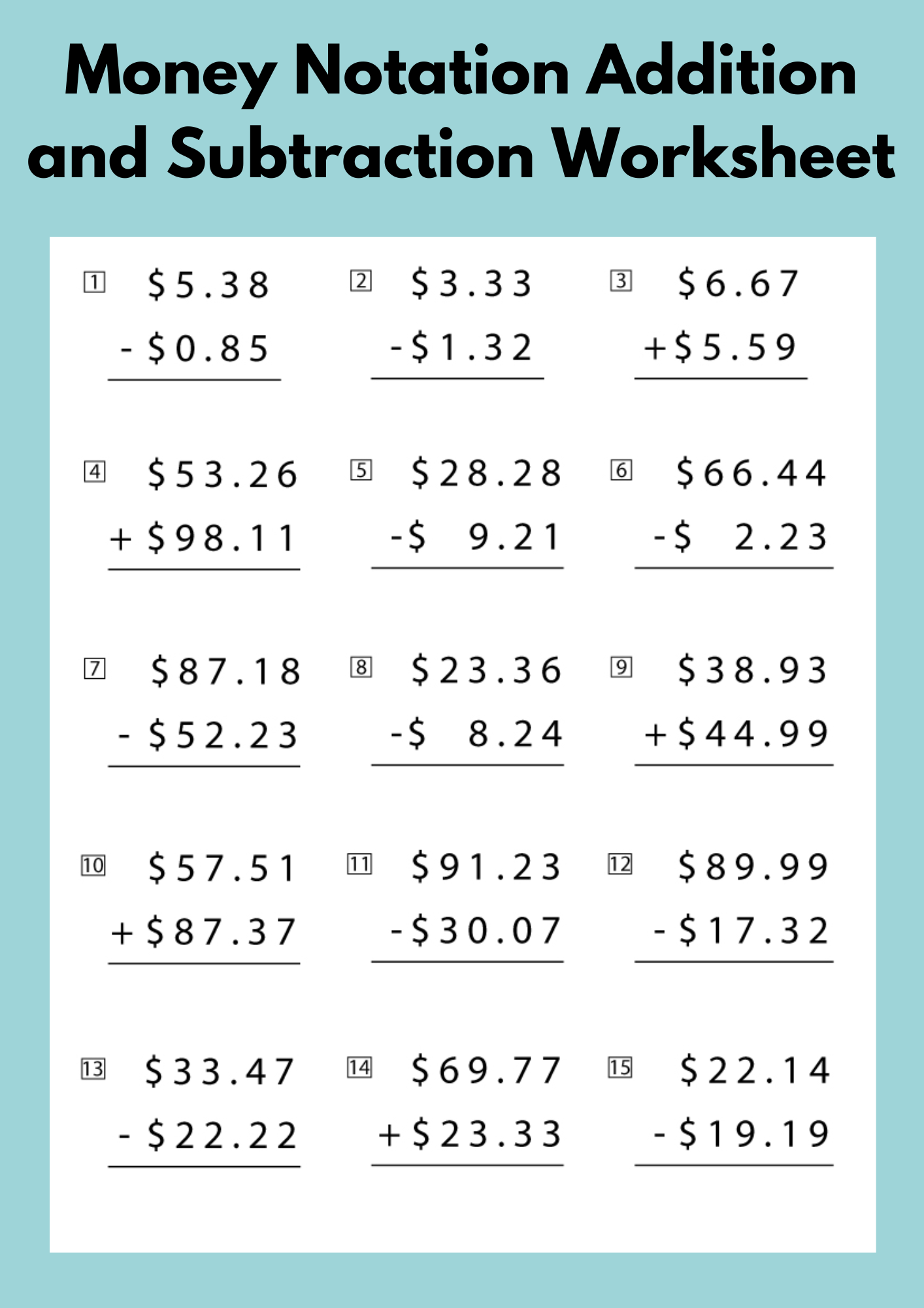 Money Notation Addition and Subtraction Worksheet