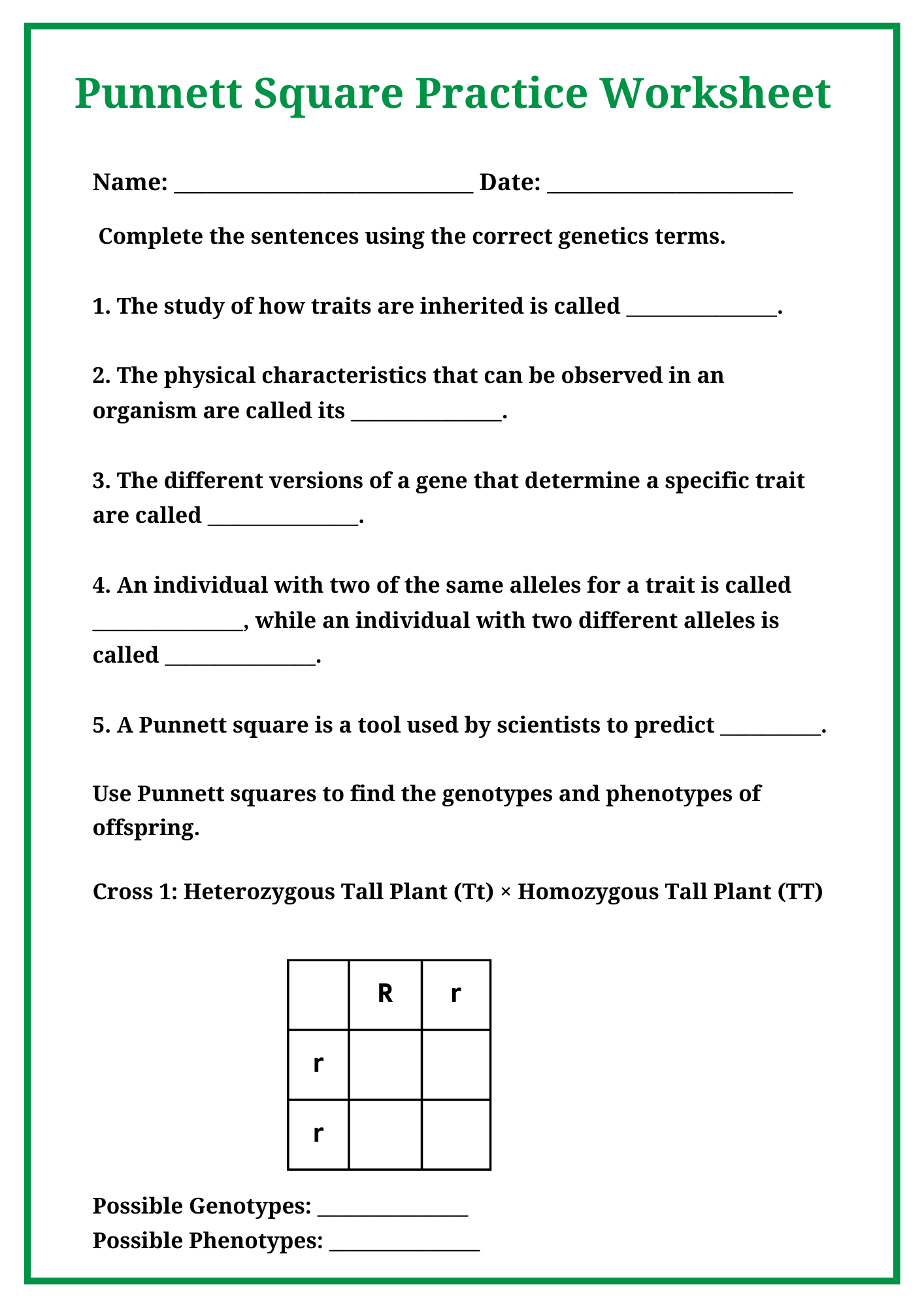 Monohybrid Crosses Punnett Square Practice Worksheet