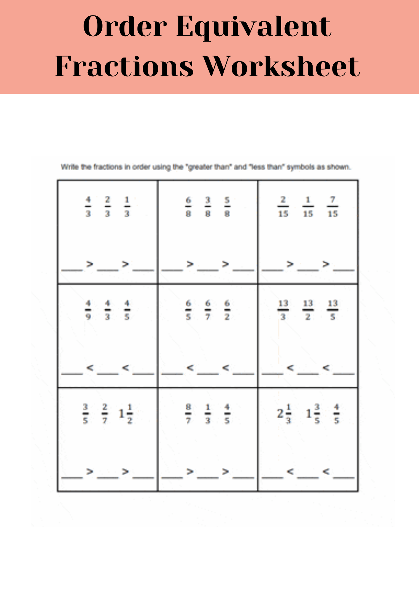 Order Equivalent Fractions Worksheet