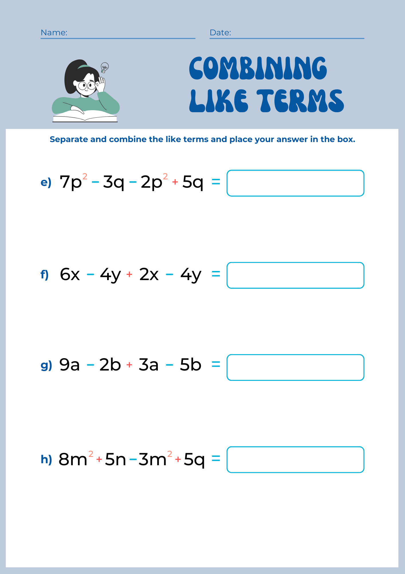 Practice Combining Like Terms Worksheet